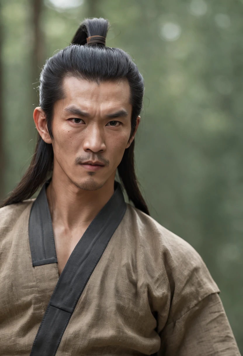 Martial arts novel Dragon Babu Gang leader Qiao Feng，Looks like Bruce Lee, 80KG,180CM , Tall and strong，Long hair，The face is densely covered with short whisker roots，Darkening of the skin， Burlap