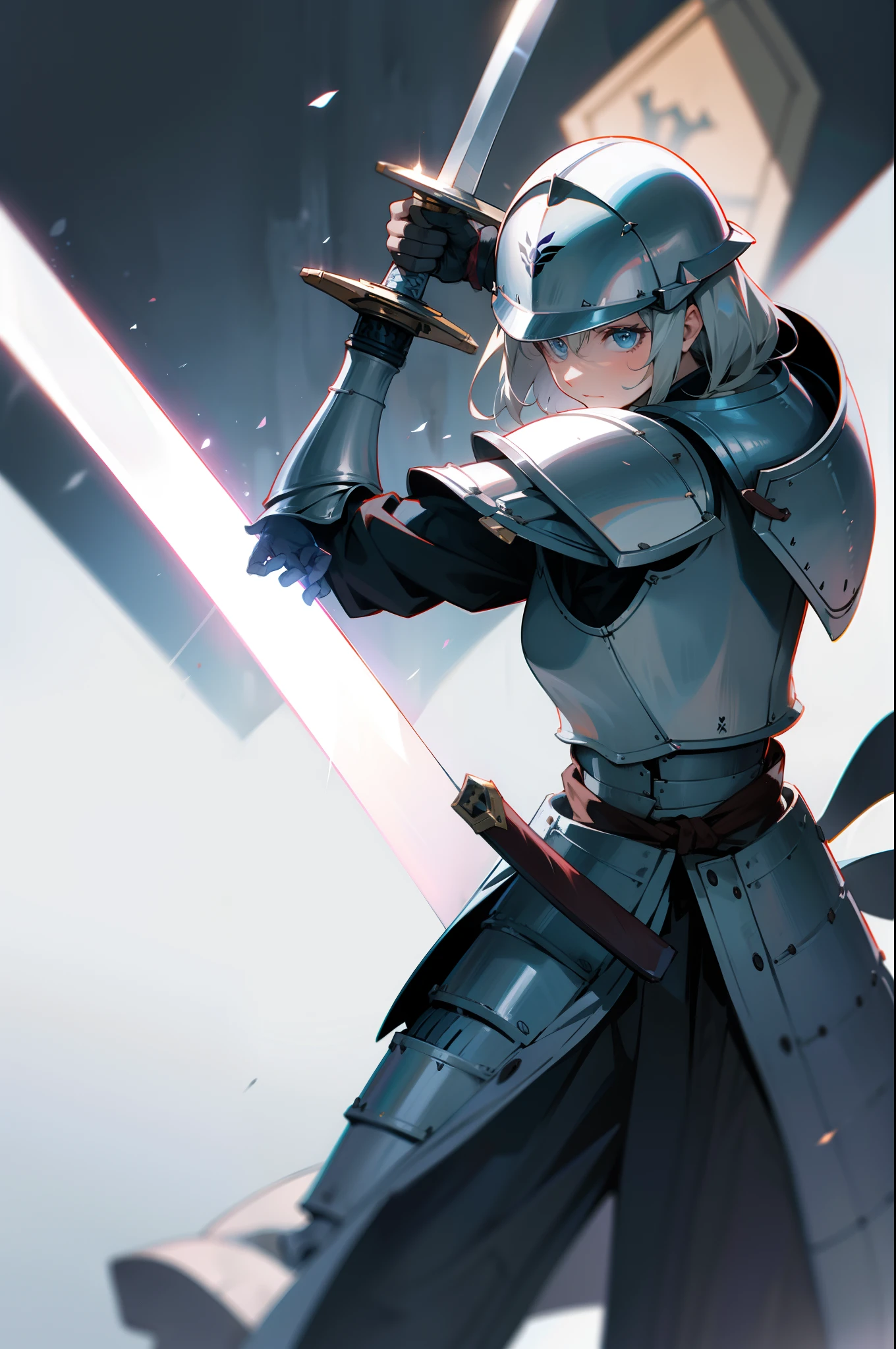 Dressed in light armor,Wear a steel helmet,Hold a giant sword in both hands
