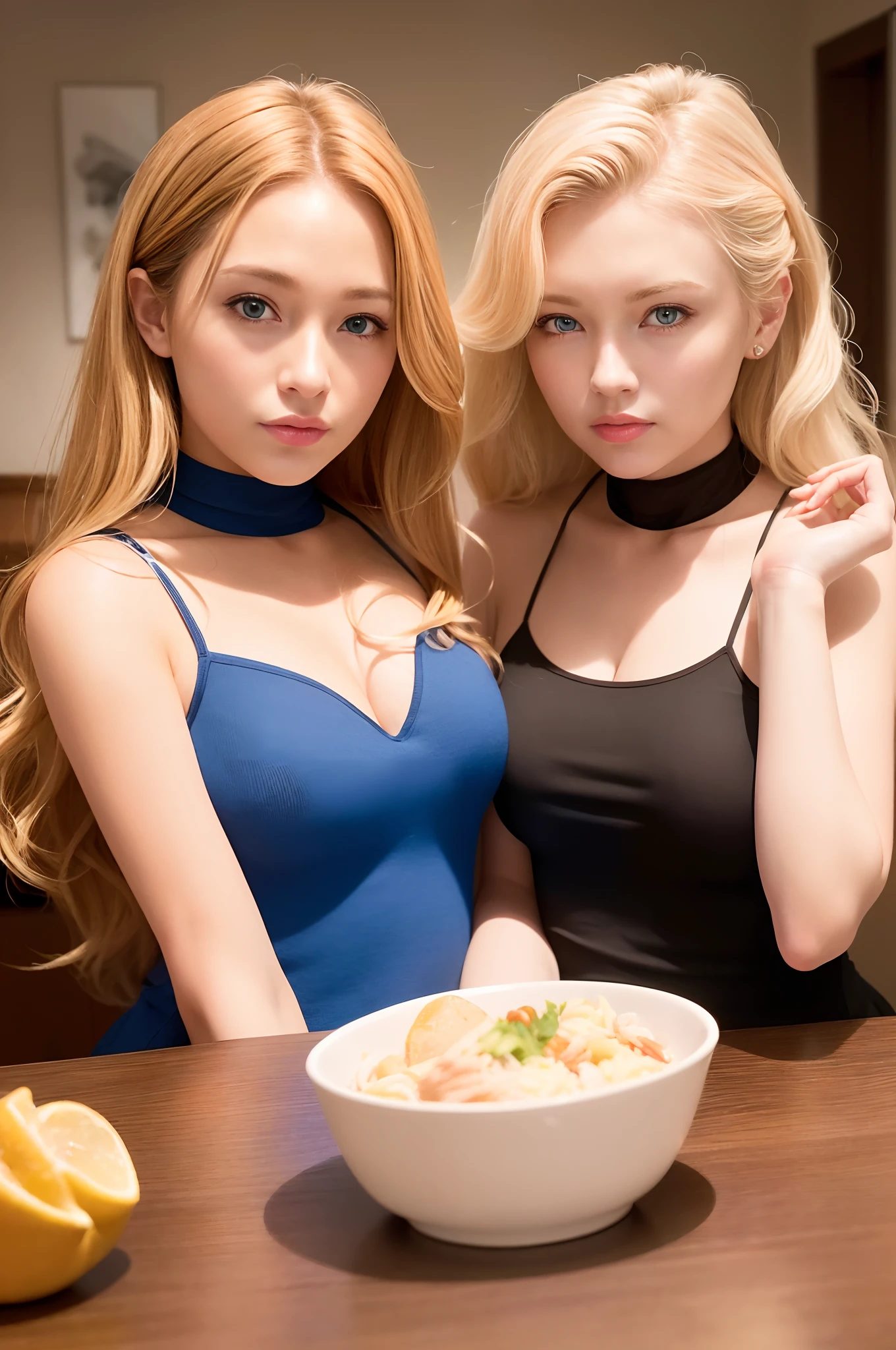 (best quality, masterpiece, photorealistic, 8K, 4K, super high resolution) (real lighting, dynamic lighting) (family dining room, 2 girls, blonde hair, blue eyes, wavy hair) --v 6