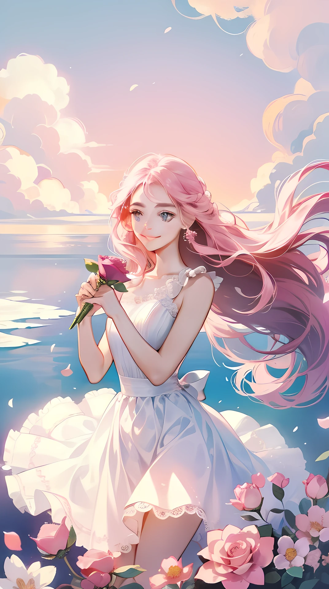 An 18 year old girl is wearing a pink rose, long hair, white sleeveless dress, holding a pink rose. Smelling the fragrance of the flower, bright fantasy, surrealism, Michael Cormac, pink, monochromatic tranquility, bright atmosphere, sunshine, happiness, happiness, and a smile,