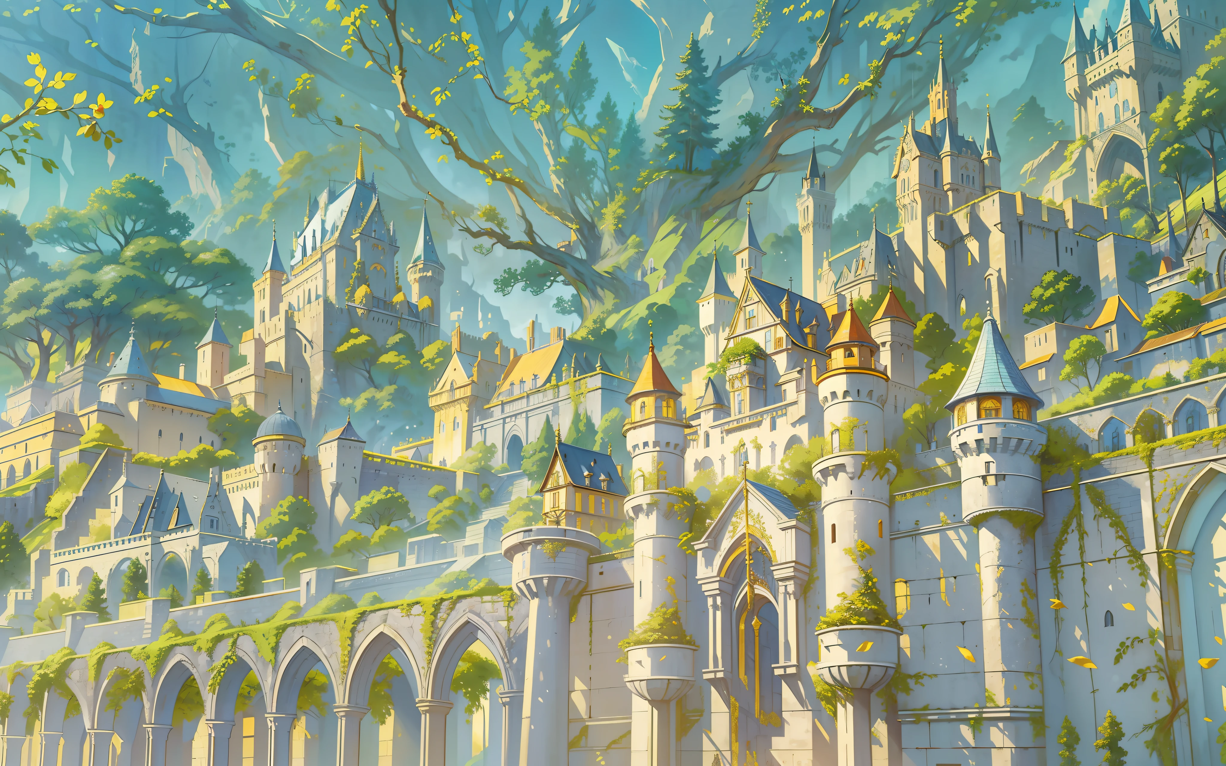((Realistic: 1.5)),((Best quality)), ((Masterpiece)),((Detailed)), scenery, Golden Castle, There are many forests and gardens in the castle, Walls around the castle, Surrounding poor towns, sewer, poverty, grey sky