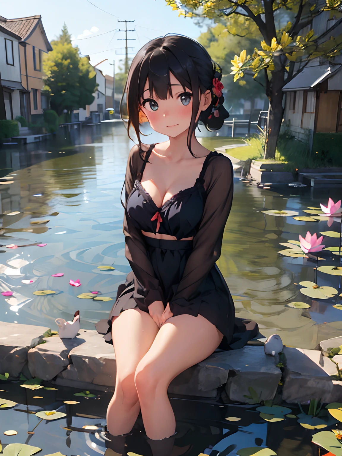 1girl, solo, beautiful, cute, perfect girl body figure, open chest, red blush, full body, flower petals, beautiful background, cleavage, boobs, sitting near a pond with her feets in Shallow water, bra, lotus flower and flower petals in water, from front, holding a lotus in her hand, countryside village, looking at the lotus in her hand