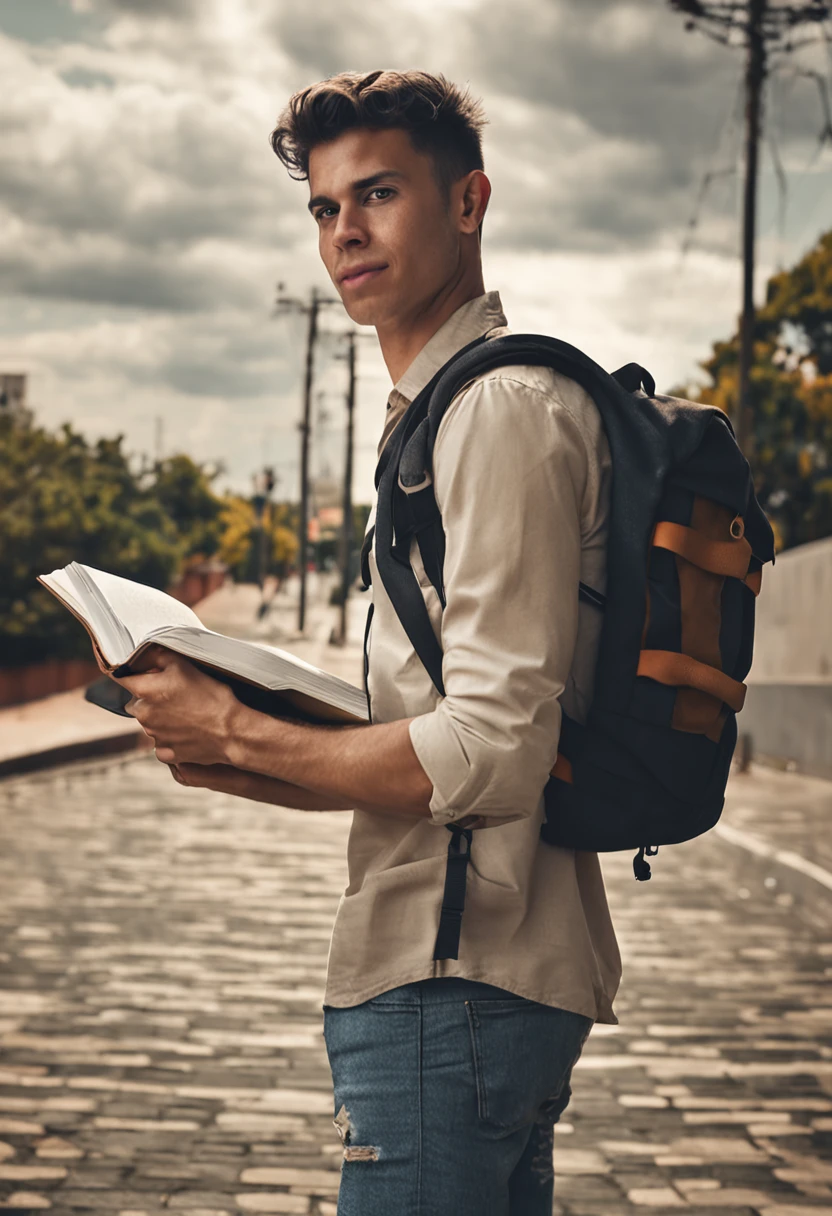 Realistic photo of a college student with black backpack on his back, camisa branca e tom de pele parda, holding a book in his hands looking at the camera.