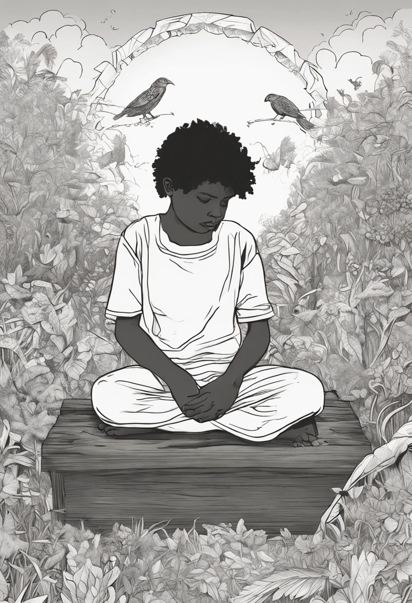 SeaArt Positive Prompt:

Embark on an emotional journey through intricate artistry: Skillfully compose a monochromatic masterpiece portraying a young black boy seated on a wooden crate amidst a serene expanse. This tender depiction captures the boy's innocence and resilience, his presence echoing a sense of quiet strength. Native Brazilian birds, including swallows, parrots, and a variety of avian natives, grace the sky above, performing a delicate ballet. One compassionate bird envelops the boy's face, its wings a gentle caress, imparting a profound sense of solace and connection.

The boy's attire, though simple, exudes a quiet dignity, a reflection of his character. His arms rest gently by his side, and his gaze is fixed ahead, offering a glimpse into his contemplative thoughts. The surroundings are a testament to nature's harmonious beauty, as the birds gracefully weave their dance in the sky. This artwork encapsulates a moment of poignant reflection and youthful wonder, resonating with themes of resilience and unity with the natural world.

SeaArt Negative Prompt:

Capture the essence of solitude with intricate detail: Immerse yourself in the creation of a grayscale tableau, an emotionally evocative scene featuring a young black boy seated on a wooden crate against a backdrop of solitude. The careful rendering of his figure captures the boy's vulnerability and introspection, his posture embodying the weight of his solitude. Native Brazilian birds, swallows, parrots, and avian natives, form a stark yet poignant contrast against the empty backdrop, their presence a bittersweet reminder of life's complexities.

One bird, with a touch of melancholy, delicately conceals the boy's face with its wings, an embodiment of his emotional isolation. The boy's attire, modest yet symbolic of his dignity, adds depth to his character. His seated posture speaks of his contemplative state, bearing witness to the world around him. The interaction between the boy and the birds serv