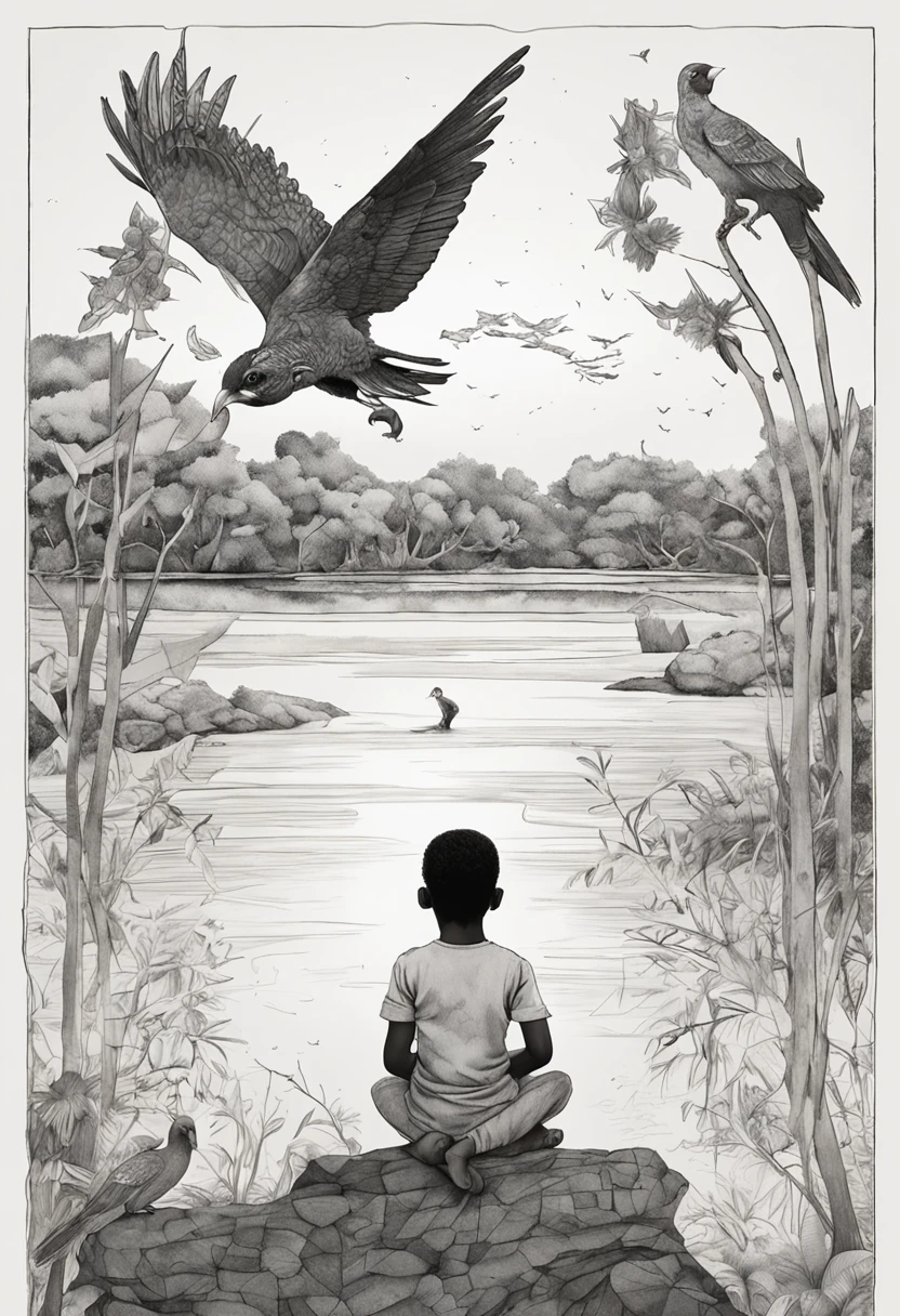 SeaArt Positive Prompt:
Embark on an emotional journey through intricate artistry: Skillfully compose a monochromatic masterpiece portraying a young black boy seated on a wooden crate amidst a serene expanse. This tender depiction captures the boy's innocence and resilience, his presence echoing a sense of quiet strength. Native Brazilian birds, including swallows, parrots, and a variety of avian natives, grace the sky above, performing a delicate ballet. One compassionate bird envelops the boy's face, its wings a gentle caress, imparting a profound sense of solace and connection.
The boy's attire, though simple, exudes a quiet dignity, a reflection of his character. His arms rest gently by his side, and his gaze is fixed ahead, offering a glimpse into his contemplative thoughts. The surroundings are a testament to nature's harmonious beauty, as the birds gracefully weave their dance in the sky. This artwork encapsulates a moment of poignant reflection and youthful wonder, resonating with themes of resilience and unity with the natural world.
SeaArt Negative Prompt:
Capture the essence of solitude with intricate detail: Immerse yourself in the creation of a grayscale tableau, an emotionally evocative scene featuring a young black boy seated on a wooden crate against a backdrop of solitude. The careful rendering of his figure captures the boy's vulnerability and introspection, his posture embodying the weight of his solitude. Native Brazilian birds, swallows, parrots, and avian natives, form a stark yet poignant contrast against the empty backdrop, their presence a bittersweet reminder of life's complexities.
One bird, with a touch of melancholy, delicately conceals the boy's face with its wings, an embodiment of his emotional isolation. The boy's attire, modest yet symbolic of his dignity, adds depth to his character. His seated posture speaks of his contemplative state, bearing witness to the world around him. The interaction between the boy and the birds serv