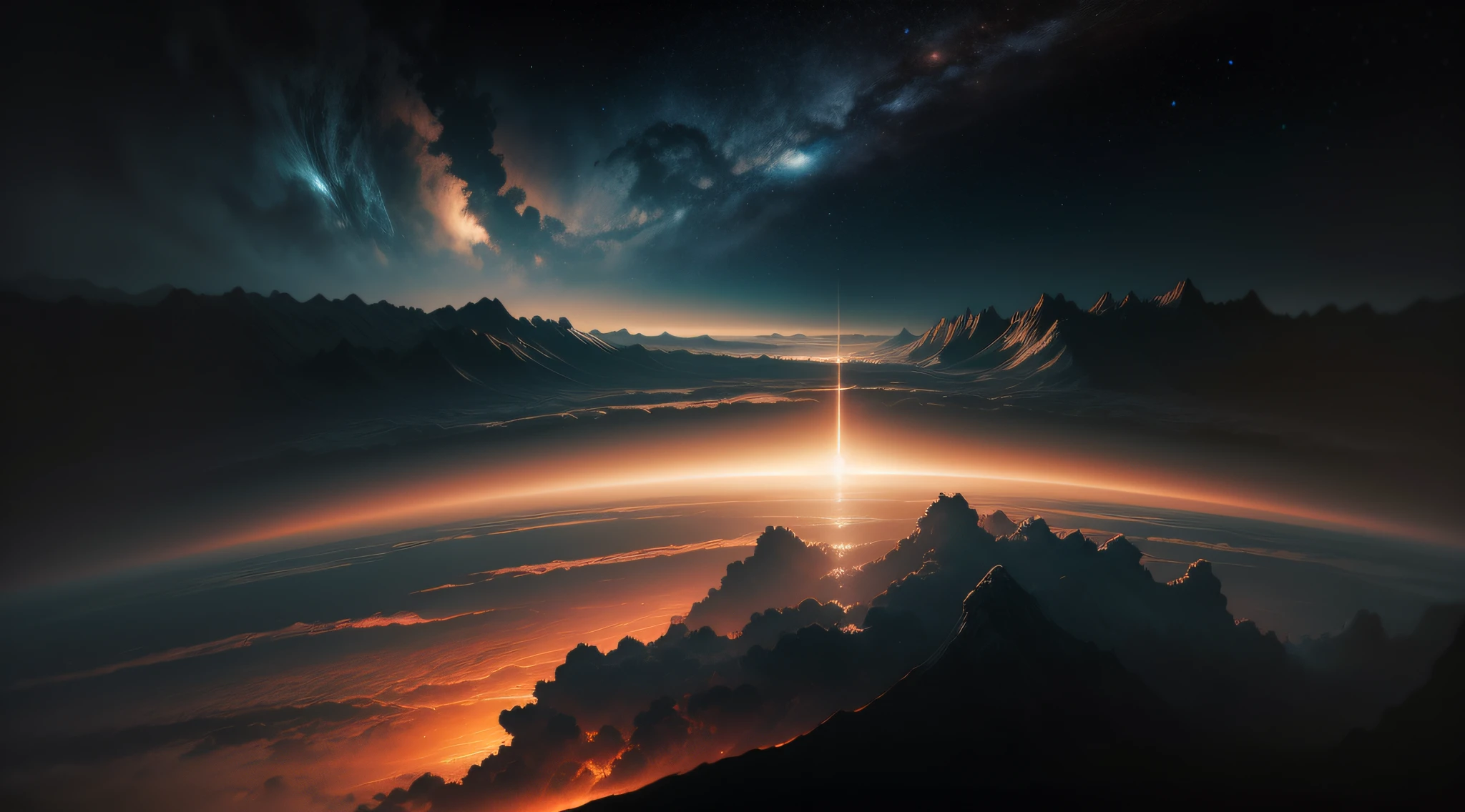 A sweeping view from space reveals Earth, enshrouded in ominous brown clouds that obscure its beauty. The curvature of the planet is prominent against the vast darkness. The atmosphere is tinged with an unsettling sense of foreboding, as if the world holds its breath. The lighting creates a stark contrast between the dimly lit clouds and the illuminated portions of the planet. This haunting scene evokes a mixture of awe and concern, underscoring the fragility of our home in the universe.