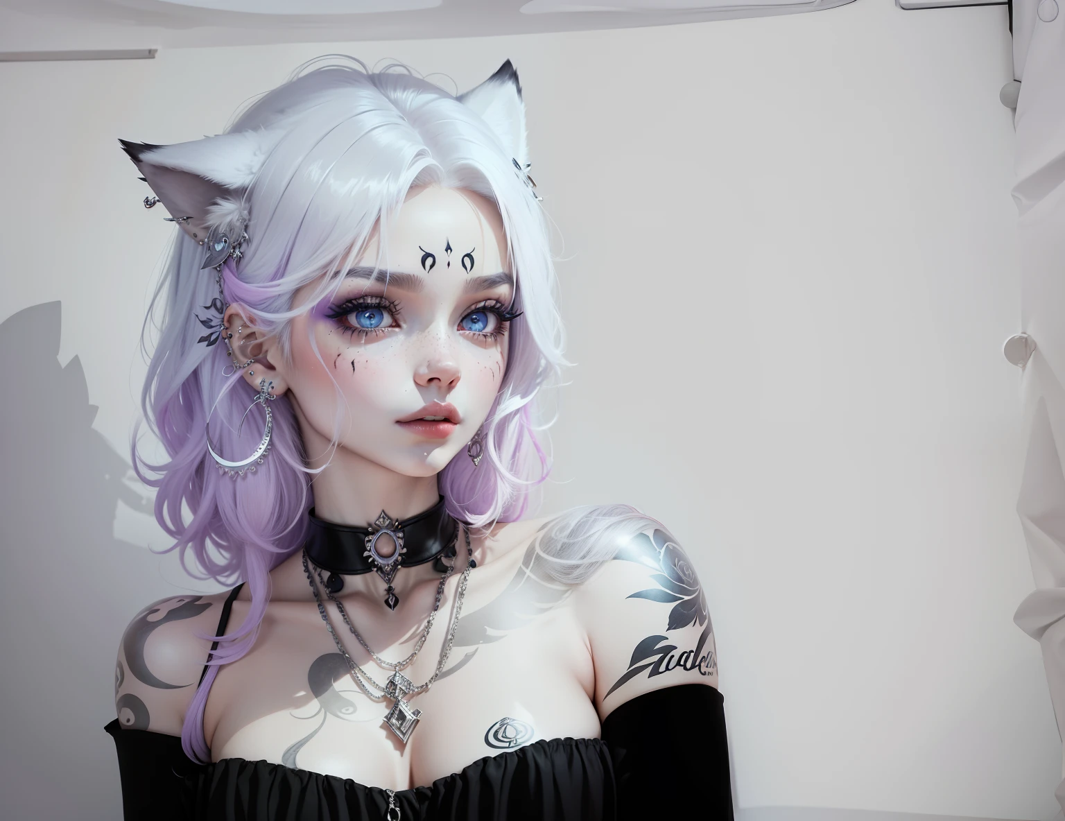(Anthropomorphic wolf cute cub) orelhas de lobo,com um corce preta, um olho azul e outro branco , heterocromia nos olhos ,cabelo platinado curto cacheados com pontas roxas,bad girl, Moon birthmark on forehead 🌕🌙, Hibrido,jovem, retrato, busto, postura de frente para a camera, Cartoon, vestido como uma vesater roqueira metaleira dos anos 80 obra prima, postura de confiante, youtuber, fleshy lips , piercings no nariz e nas orelhas de lobo, tatuagens pelo corpo, tattoo de lua 🌙 acima dos seios,asas de anjo negro nas costas, e coleira , dark purple choker on neck, Hand with dragging gloves, colares , piercings , wolf fangs we lips