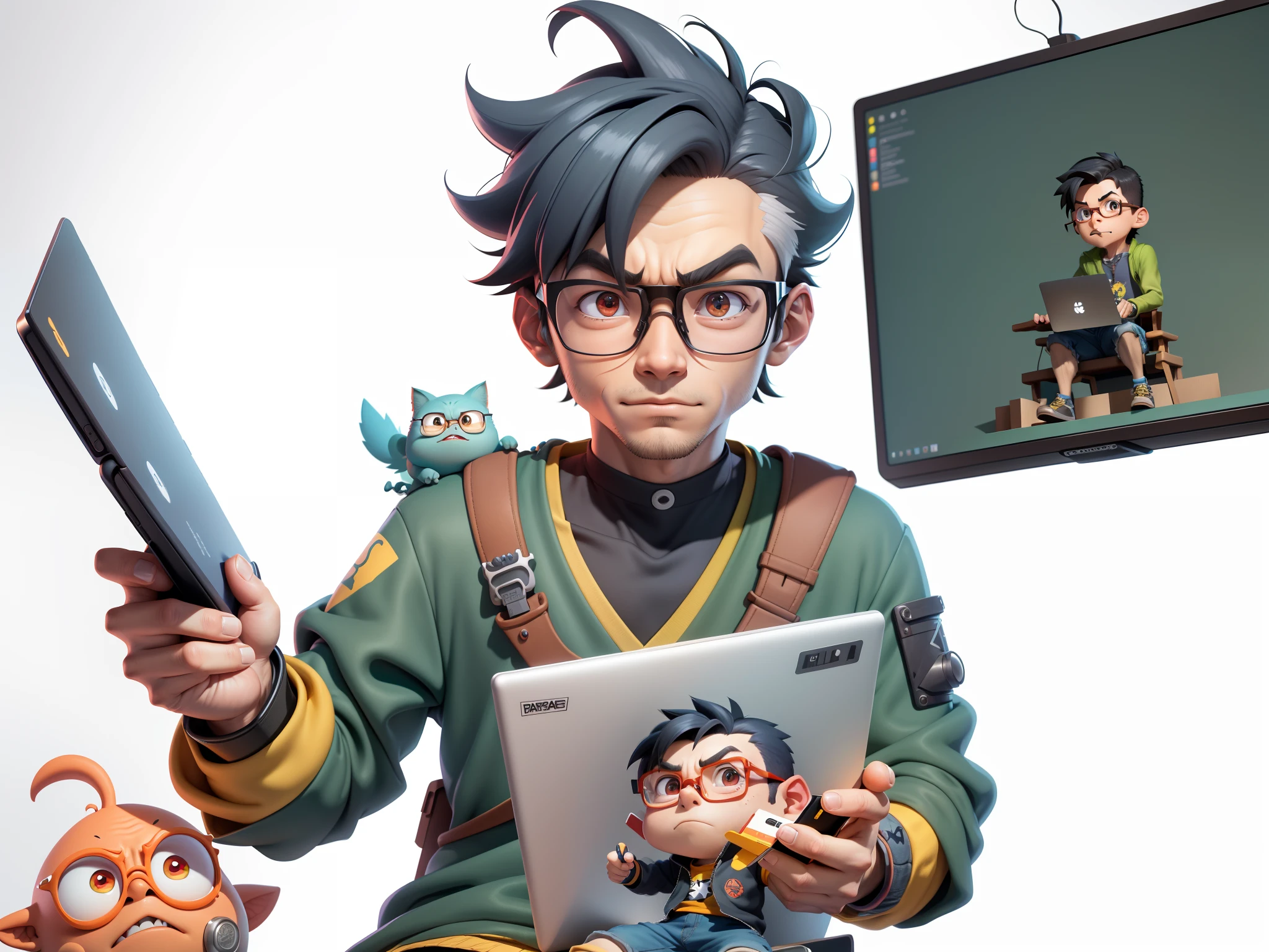 A young man with glasses sits at his desk，holding laptop，digitial painting，3D character design by Mark Clairen and Pixar and Hayao Miyazaki and Akira Toriyama，4K HD illustration，Very detailed facial features and cartoon-style visuals。