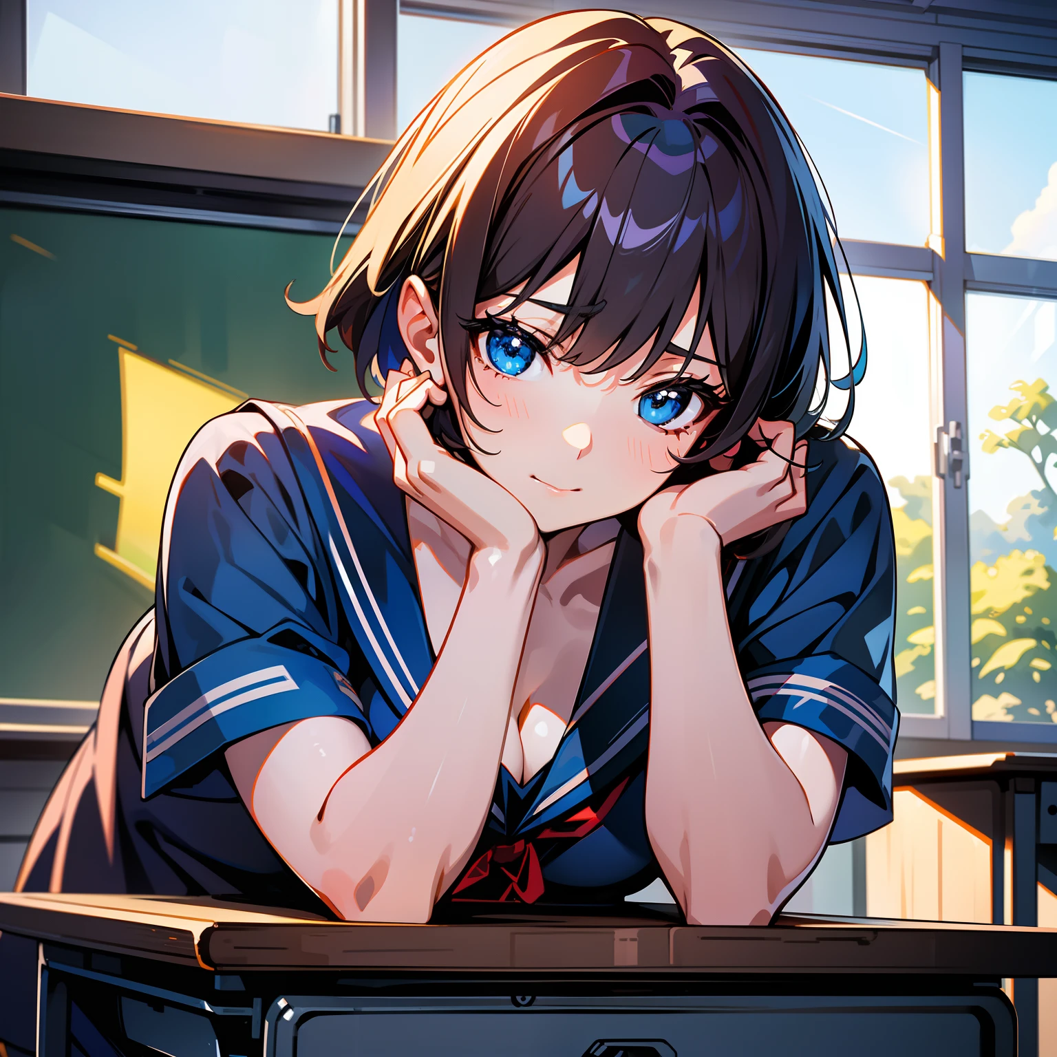 Blue-orange curls are curved inward,It belongs to short-haired,There is a strong sense of freshness and freshness,girl with,serafuku, hands on one's face, Elbows on the desk, Sit up, Classroom, sunlights, window, see the beholder, Iki face, I can see the cleavage:1.2, Best Quality,Ultra-detailed, High resolution, extremely details CG, Unity 8k壁纸, Official art, production art, novel illustration, by famous artist, Caustics, textile shading, super detailed skin, Perfect Anatomy, Detailed, Cinematic lighting, Dynamic lighting, Beautiful detailed eyes, (top-quality), (ultra-detailliert), (masuter piece), (hight resolution), (Original), Character Design, Game CG, Detailed Manga Illustration, Realistic head-to-body size ratio:1.2