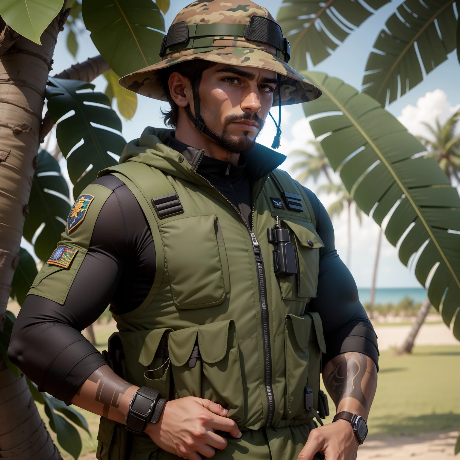 O soldado brasileiro veste um uniforme camuflado, caracterizado pelas cores verde, marrom e preto, adapted to tropical conditions. Ele carrega um capacete de combate com uma cobertura camuflada, providing head protection. No peito, He wears a tactical vest with pockets to store essential equipment.