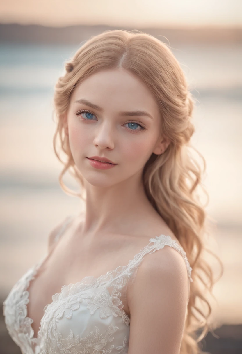 1 beautiful girl, (Realistic:1.3) full bodyesbian, standing photo, Stand in front of the blue sea, White wedding dress, Soft dress, blond hairbl, Blue eyes, Wavy hair, Masterpiece, diffused soft lighting, Portrait, Best quality (Perfect face:1.4), Ultra-realistic highly detailed, complex and realistic simulation style photos,Focus clearly on the eyes, Cinematic lighting, studio shoot, Elegant Pose