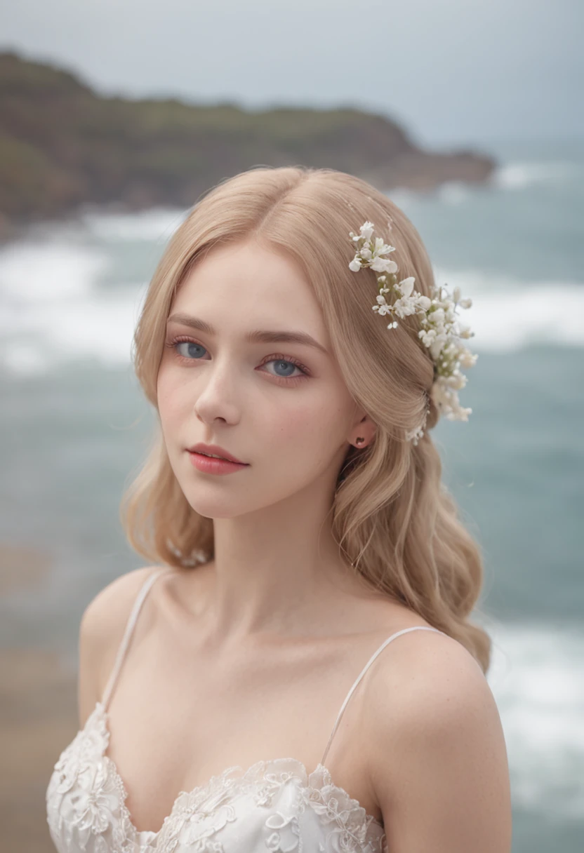 1 beautiful girl, (Realistic:1.3) full bodyesbian, standing photo, Stand in front of the blue sea, White wedding dress, Soft dress, blond hairbl, Blue eyes, Wavy hair, Masterpiece, diffused soft lighting, Portrait, Best quality (Perfect face:1.4), Ultra-realistic highly detailed, complex and realistic simulation style photos,Focus clearly on the eyes, Cinematic lighting, studio shoot, Elegant Pose