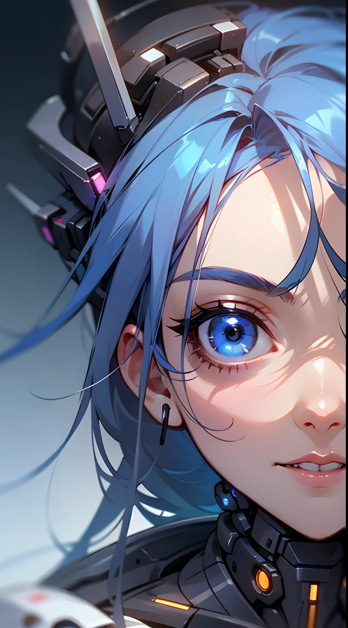 Woman Cyborg Scary Sensual Detailed 6K Full Focus Part Of Robotic Face Full Of Sharp Details Rich In Detail Blue Hair
