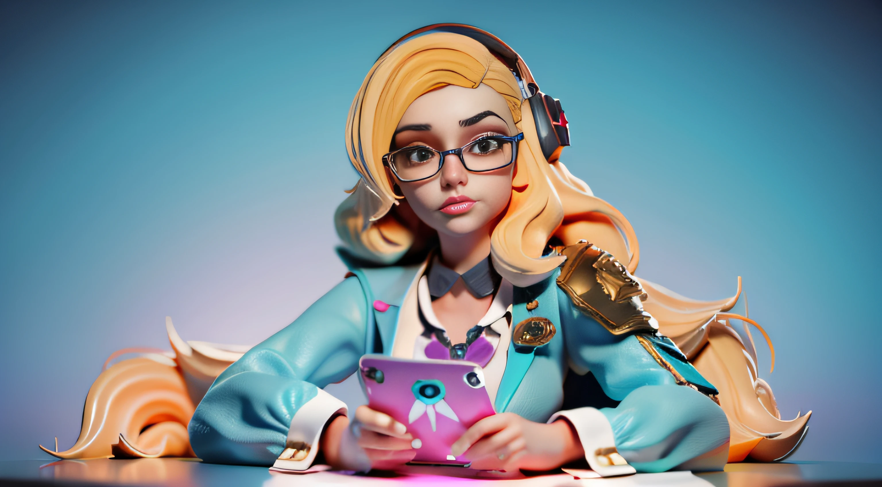 "Stylized 3D Model LoRA, depicting a gorgeous glamour sexy blond geek named Lora sitting behind a desk, hands on the desk, immersed in her computer setup like an influencer, she is wearing cute turquoise floral crop, hyperrealistic photography, niji 5 style, hands on the desk . The artwork is rendered in ultra-high-definition, super detailed emotions, and face details, (UHD) with an ultra-realistic aesthetic."