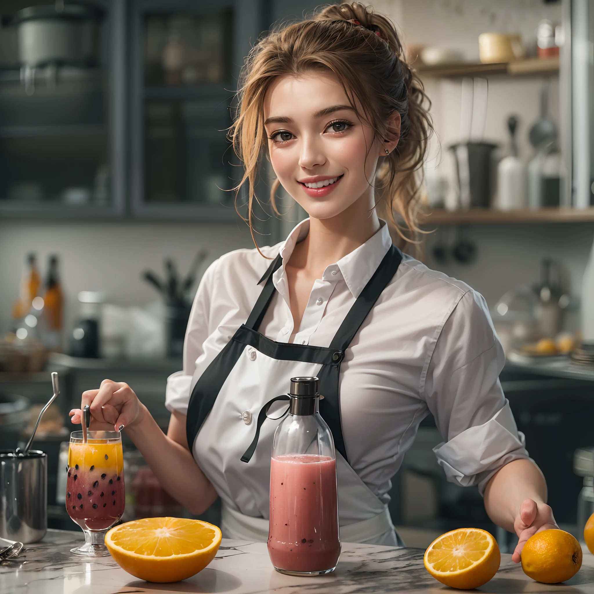 The beautiful female chef, dressed in a white shirt and lined with a modern black apron, in a modern kitchen, is preparing a fruit juice drink, smiling evilly at the camera, a poison bottle nearby. (Masterpiece, highres, high detailed )
