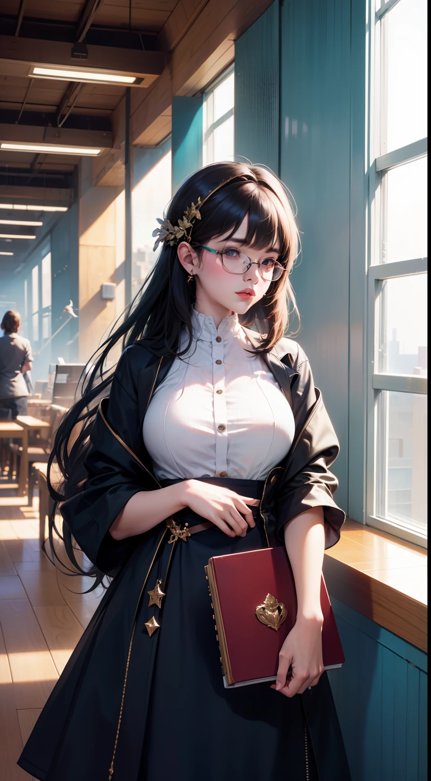 Girl with glasses,Read a book in the library,Large breasts,Transparent top,HD,Best quality at best,rich details,hyper HD,32K,Top photography