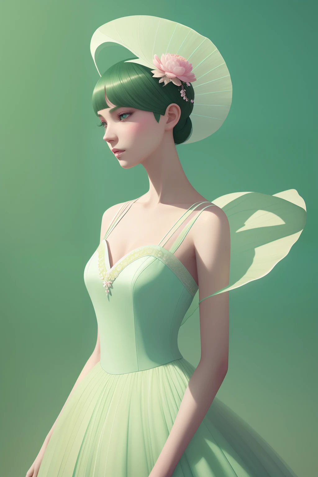 Huge soft mint green oversized lotus leaf,Standing was a lady in a crescent-white dress, Brunette lady with glowing tulle dress, inspired by Igor Kieryluk, It is covered with fleshy pinkish white and pink, inspired by Wadim Kashin, by Russell Dongjun Lu, inspired by Yanjun Cheng, inspired by Hsiao-Ron Cheng, Beautiful digital artwork, inspired by Ray Caesar