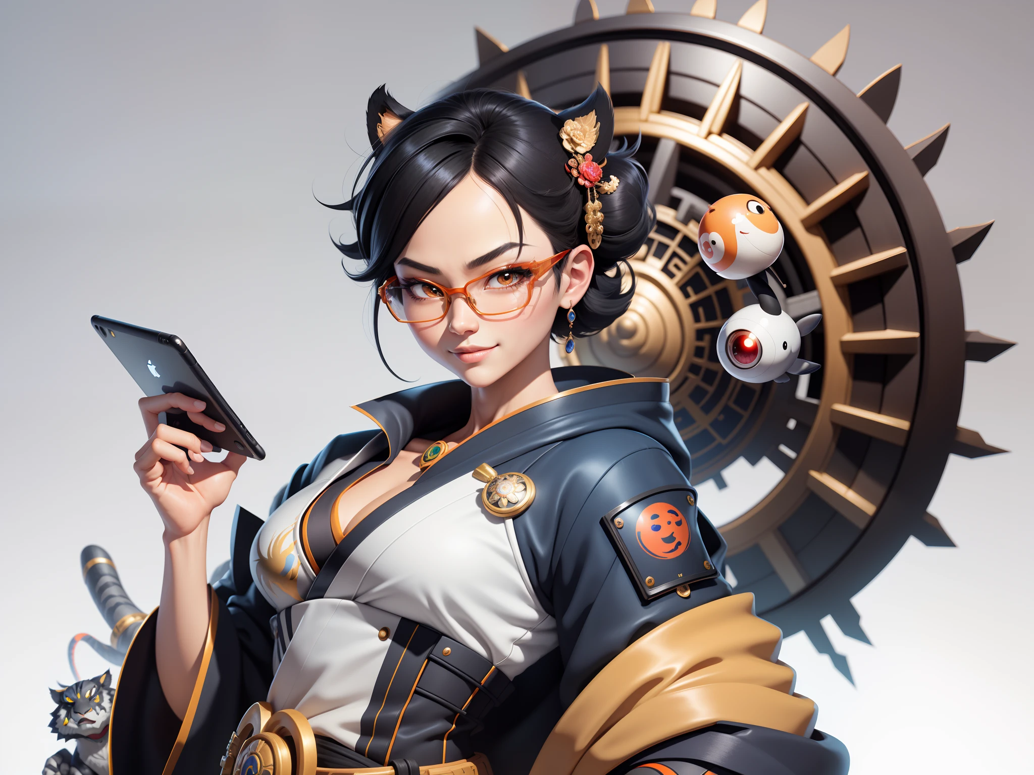 (Masterpiece), (Excellent), (Super Meticulous), (Full Body: 1.2), Super Young Man with Japanese Female Geisha, Pretty, Beautiful, Chinese Dragon, Tiger, Wind God Thor, Sexy, Bursting, Oriental Face, TV Anchor, Bust Portrait Illustration, Black Suit, Blue Tie, Slightly Chubby Face, Silver Glasses, Very Clean Face, No Beard on Chin, Black Super Short Hair, Black Eyes, Confident Smile, 3c Computer Sub-Products, iPad, iPhone, Digital Painting, 3D character design by Mark Clairedon and Pixar and Hayao Miyazaki and Akira Toriyama, the illustrations are HD illustrations in 4K resolution with highly detailed facial features and cartoon-style visuals.