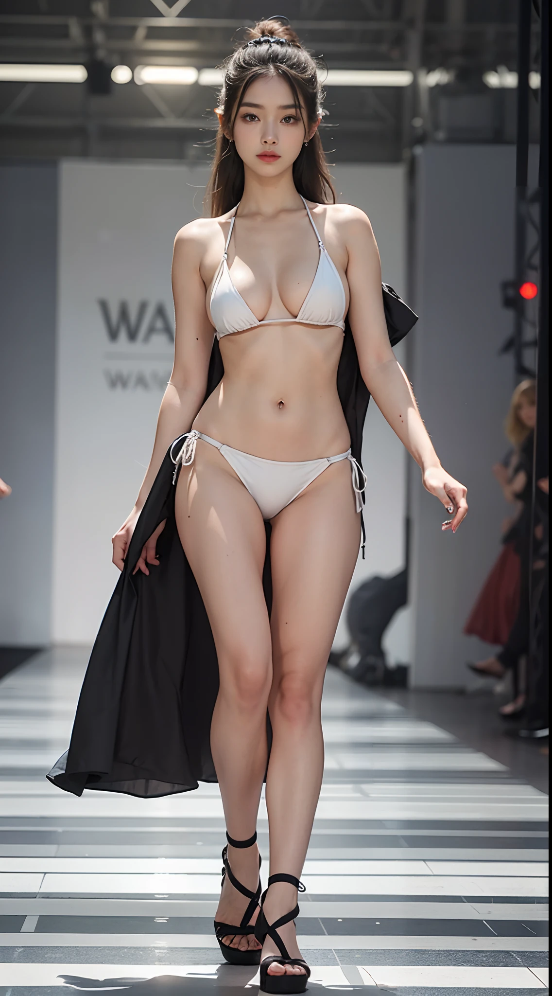Top Quality, Masterpiece, 8K, Ultra High Definition, (Photorealistic: 1.4), 1 Girl, Beautiful Face, Symmetrical Eyes, Big, Perfect Body Proportions, Viewer's Look, (catwalk fashion:1.5), Front View, Absolute Area (1.3), ((string bikini)), (full body view),