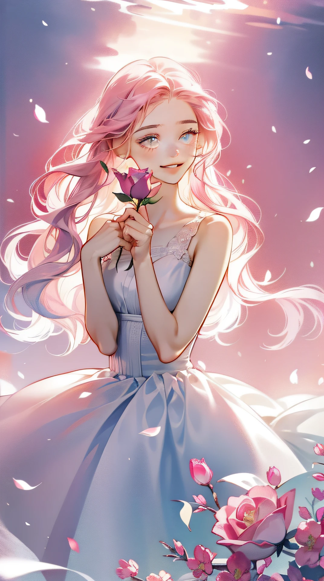 An 18 year old girl is wearing a pink rose, long hair, white sleeveless dress, holding a pink rose. Smelling the fragrance of the flower, bright fantasy, surrealism, Michael Cormac, pink, monochromatic tranquility, bright atmosphere, sunshine, happiness, happiness, and a smile,