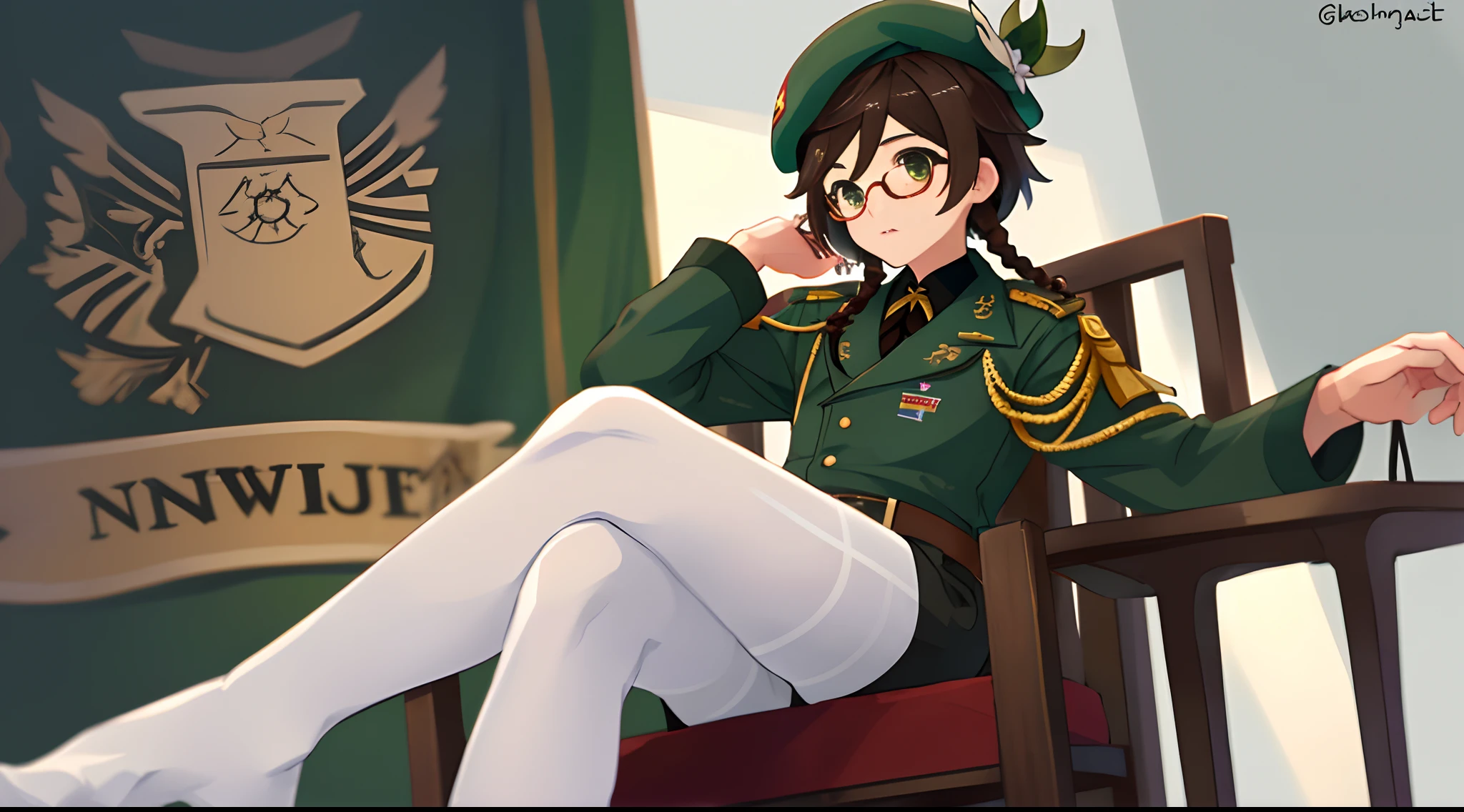 a boy sitting in a chair wearing a hat and glasses, pilot boy, cute pilot boy, brown hair, small side braids, treaming on twitch, an oversized beret, wearing a general\'s uniform, army green clothing, shorts, white pantyhose, anime boy cosplay, eboy, black beret, anime cosplay, military boy, twitter pfp, discord profile picture, wearing newsboy cap, wearing military uniform, inspired by Venti from genshin impact