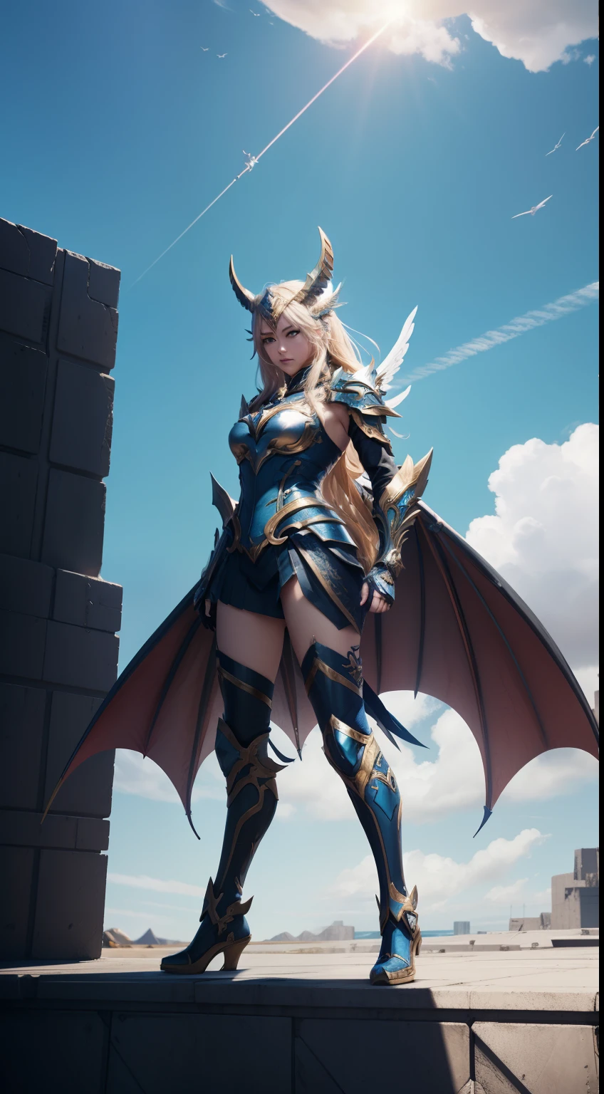 Valkyrie, female, dragon-form amor, Honkai impact style, on top of building, full body, blue sky background, Animal Anthropomorphism, realistic digital, humanoid, abstract background, global illumination, intricate, epic, dramatic, masterpiece, high detail, best quality, ultra high res