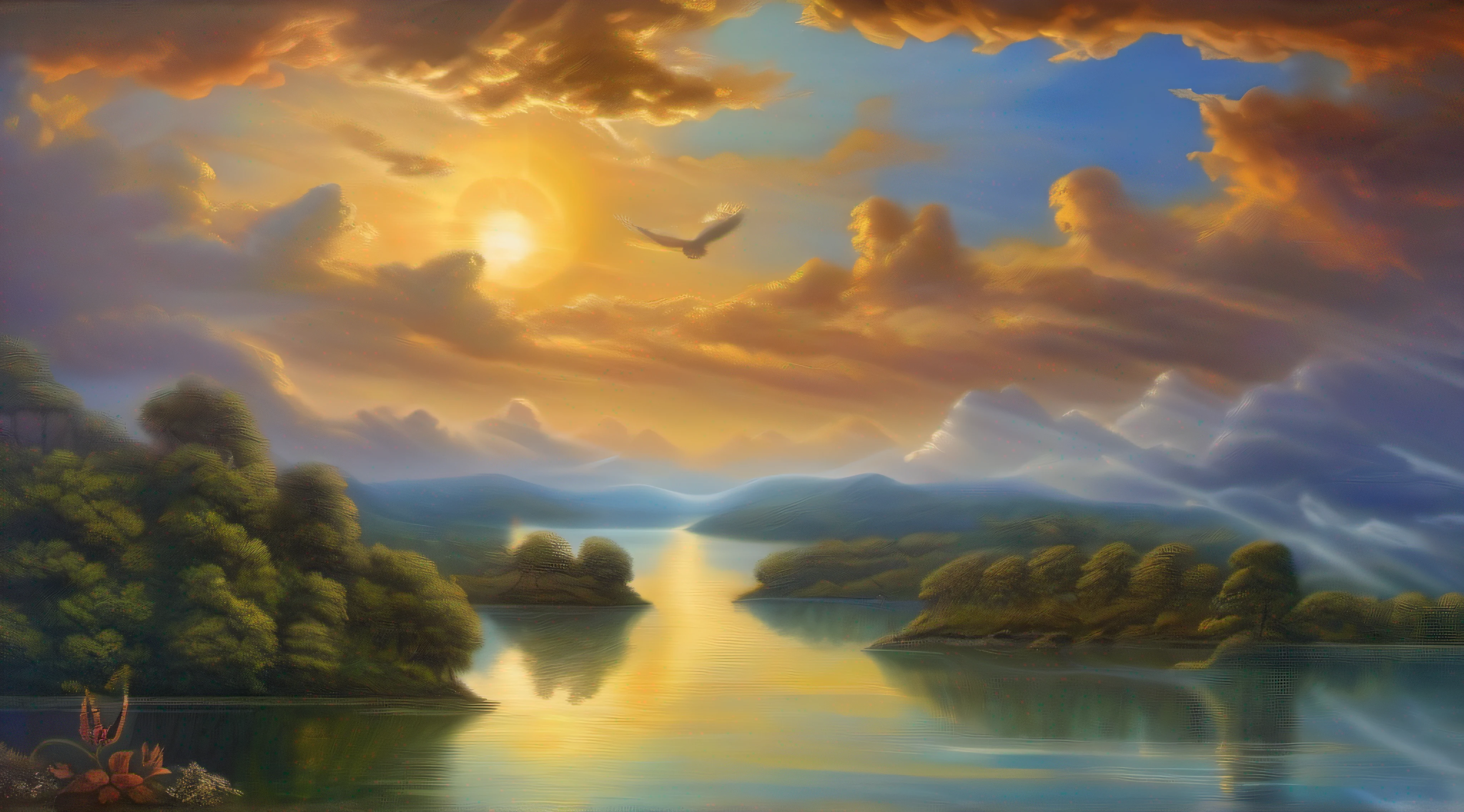 Em uma tarde perfeita, Clouds adorn the sky as the sun sets. In a magical instant, um anjo celestial emerge em toda a sua divindade, pairando sobre um lago cristalino. The scene is like a glimpse of paradise, where nature and the supernatural intertwine. Da Vinci's painting style brings this vision to life, com detalhes que capturam a majestade do momento. Uma imagem que ecoa a beleza divina, como um sonho transcendental em cores celestiais