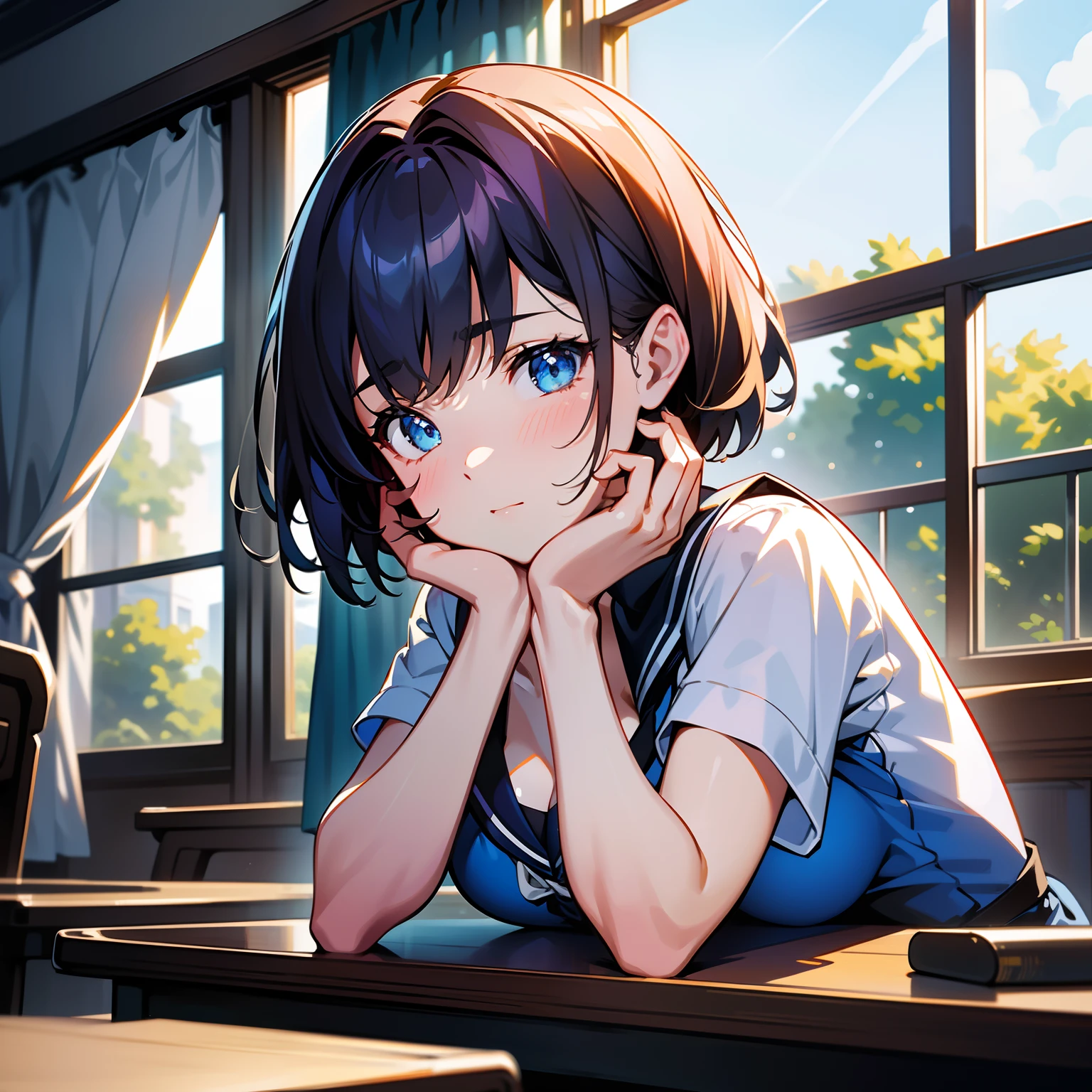 Blue-orange curls are curved inward，It belongs to short-haired，There is a strong sense of freshness and freshness,girl with,serafuku, hands on one's face, Elbows on the desk, Sit up, ‎Classroom, sunlights, window, see the beholder, Iki face, I can see the cleavage:1.2, Best Quality,Ultra-detailed, High resolution, extremely details CG, Unity 8k壁纸, Official art, production art, novel illustration, by famous artist, Caustics, textile shading, super detailed skin, Perfect Anatomy, Detailed, Cinematic lighting, Dynamic lighting, Beautiful detailed eyes, (top-quality), (ultra-detailliert), (masuter piece), (hight resolution), (Original), Character Design, Game CG, Detailed Manga Illustration, Realistic head-to-body size ratio:1.2