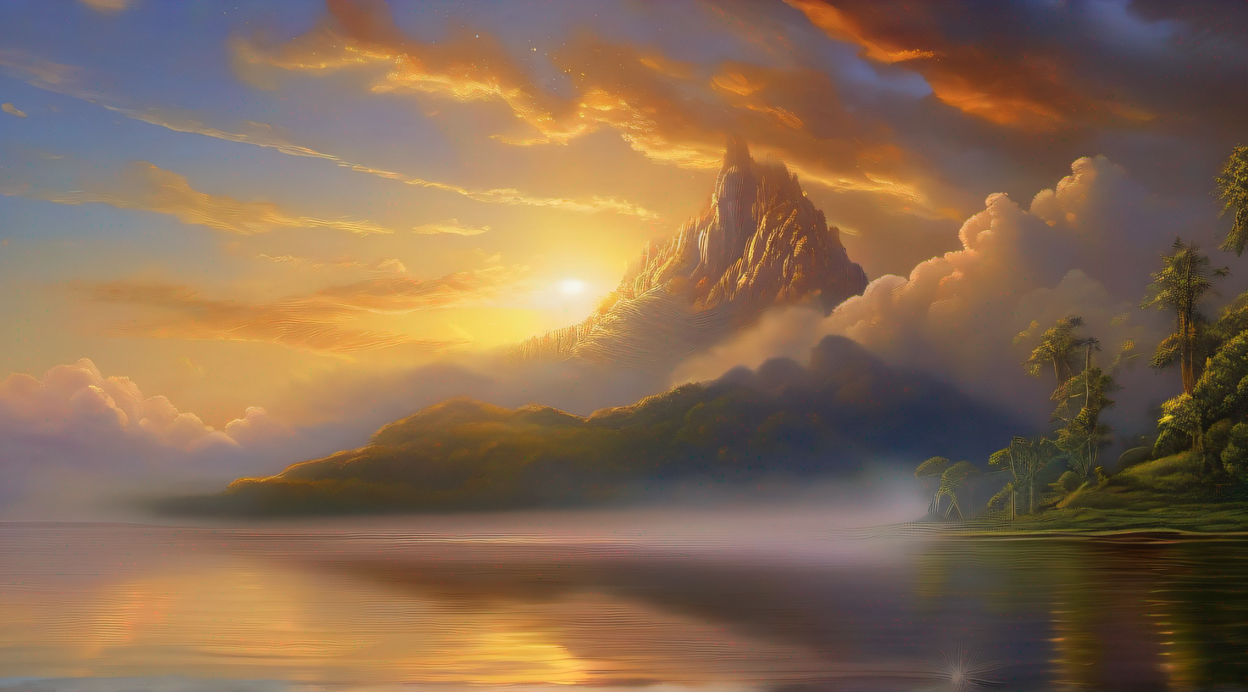 Em uma tarde perfeita, Clouds adorn the sky as the sun sets. In a magical instant, um anjo celestial emerge em toda a sua divindade, pairando sobre um lago cristalino. The scene is like a glimpse of paradise, where nature and the supernatural intertwine. Da Vinci's painting style brings this vision to life, com detalhes que capturam a majestade do momento. Uma imagem que ecoa a beleza divina, como um sonho transcendental em cores celestiais