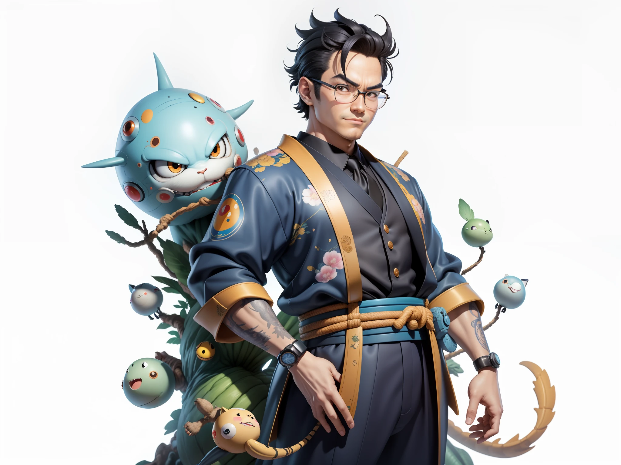 (Masterpiece), (Excellent), (Super Meticulous), (Full Body: 1.2), Super Young Man, Oriental Face, Japanese Kimono, Japanese Wind Thunder God, Dragon, Tiger, TV Anchor, Bust Portrait Illustration, Alone, Black Suit, Blue Tie, Slightly Chubby Face, Very Clean Face, No Beard, Black Super Short Hair, Black Eyes, Confident Smile, 3c Computer Sub-Products, iPad, iPhone, Digital Painting, 3D Character Design by Akira Toriyama and Mark Claireden and Pixar and Hayao Miyazaki, The illustration is a high-definition illustration in 4K resolution with very detailed facial features and cartoon-style visuals.