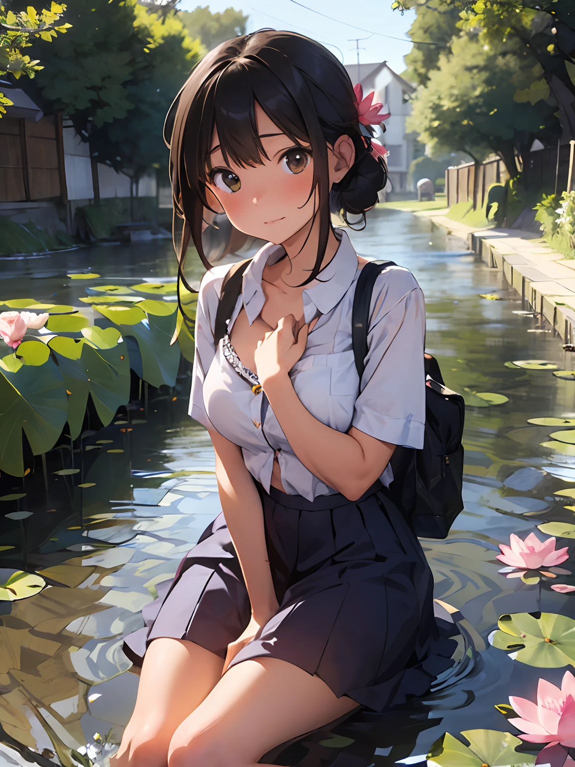 1girl, solo, beautiful, cute, perfect girl body figure, school uniform, open chest, red blush, full body, flower petals, beautiful background, cleavage, boobs, sitting near a pond with her feets in Shallow water, lingerie bra, lotus flower and flower petals in water, from front, holding a lotus in her hand, countryside village, looking at the lotus in her hand
