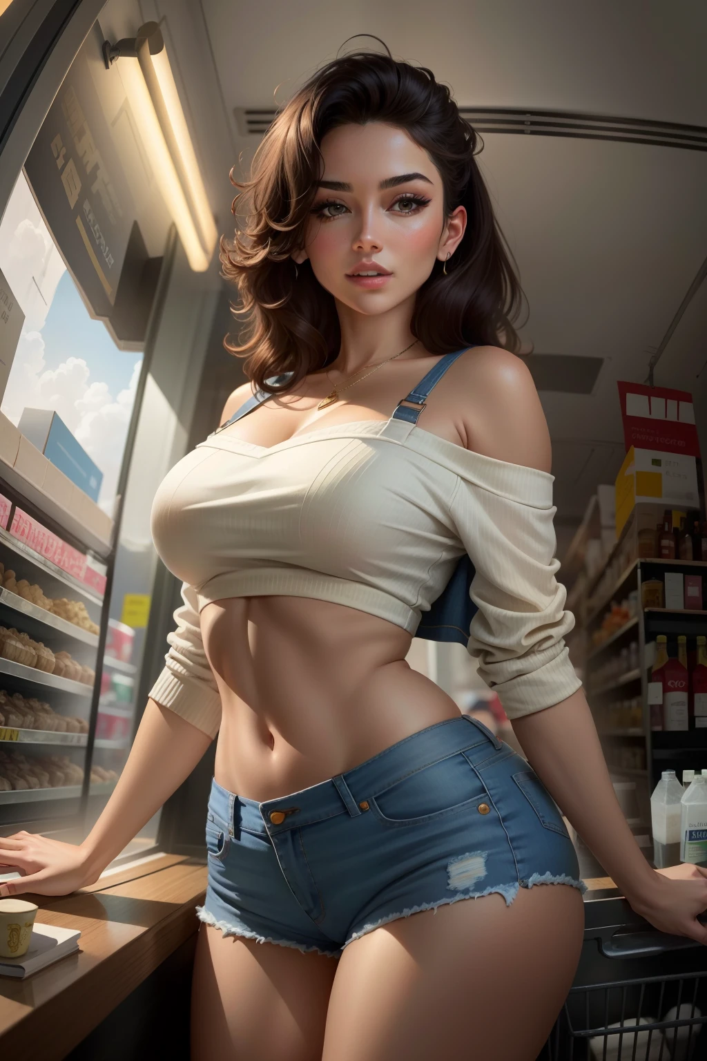 2girls, asian, baseball cap, breasts, brown hair, clothes lift, employee uniform, hat, lips, long hair, looking at viewer, medium breasts, multiple girls, navel, nipples, realistic, red headwear, shirt lift, skirt, striped, thighhighs,two women in uniform posing at a fast food counter, cgsociety 9, 3 d anime realistic, hyper realistic fantasy, serving big macs, serving happy meals, realistic - anime, serving burgers, rule 34, big macs, hyperrealistic digital art, hyperreal phantastic, lifelike reproduction in 8k, hyperrrealistic, hyperrealistic teen,nsfw