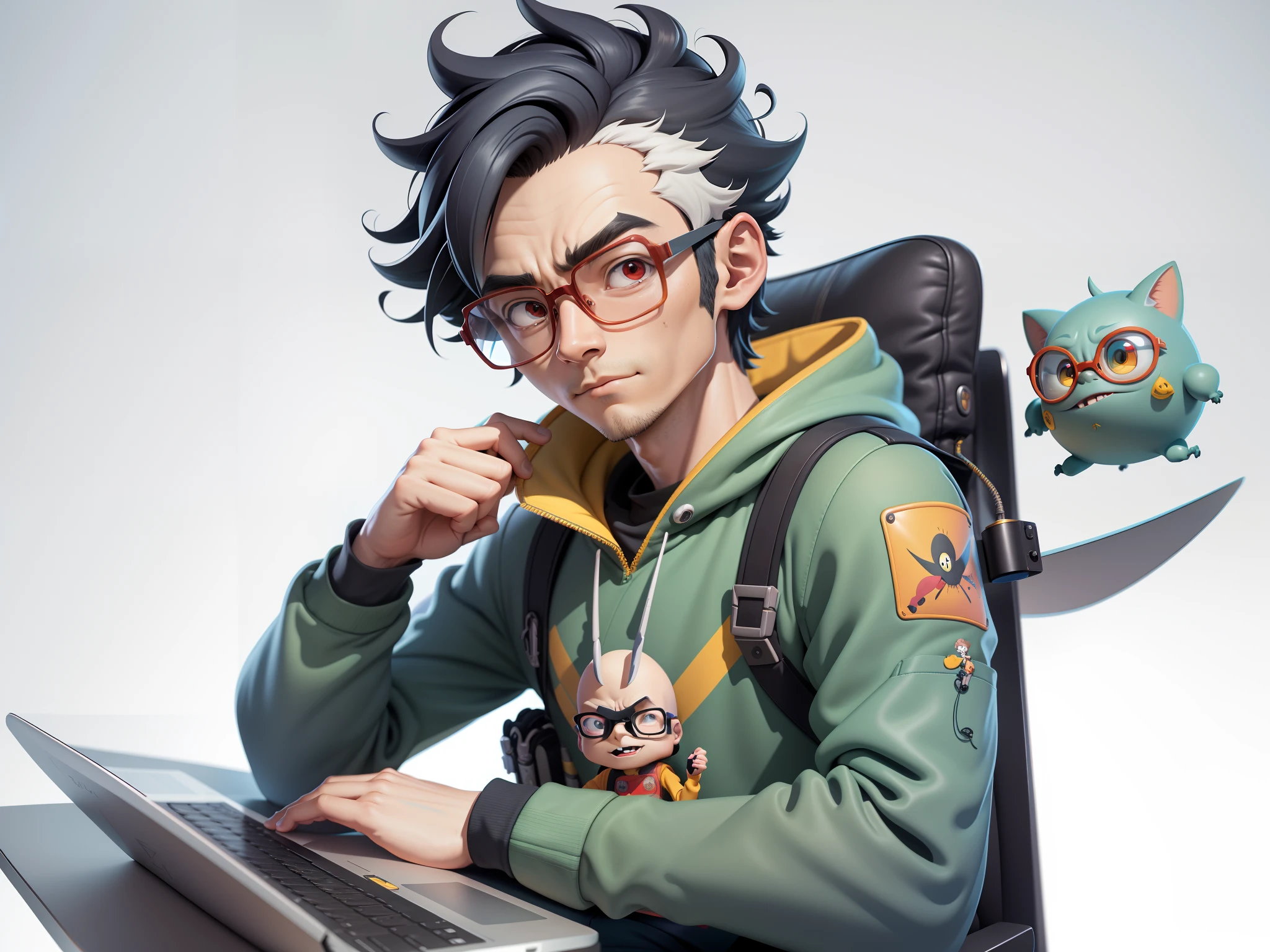 A young man with glasses sits at his desk,holding laptop,digitial painting,3D character design by Mark Clairen and Pixar and Hayao Miyazaki and Akira Toriyama,4K HD illustration,Very detailed facial features and cartoon-style visuals。