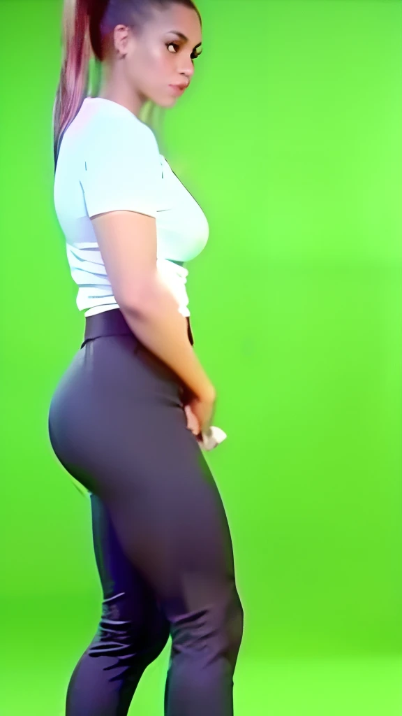 woman in black pants and a white shirt is standing on stage, thicc, big booty, green screen, thick thigs, she is dancing. realistic, full body shot 4k, t pose, natural tpose, dancing in the background, waist reaching ponytail, hands behind her body pose!, middle shot waist up, muscles defined legs ,full body photography, fix hands ,the defined musculature of the legs is visible ,the pants are not shiny
