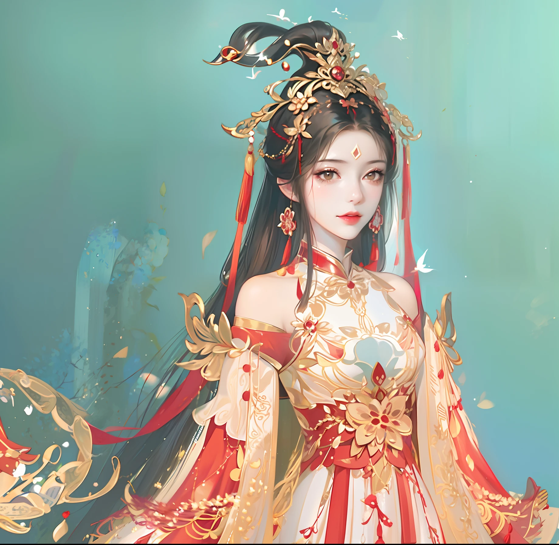 1girll,Upper body,fashi-girl,Chinese red dress,Chinese red clothes,hair flower,(Masterpiece:1.4),(Best quality:1.4),(Shiny skin)