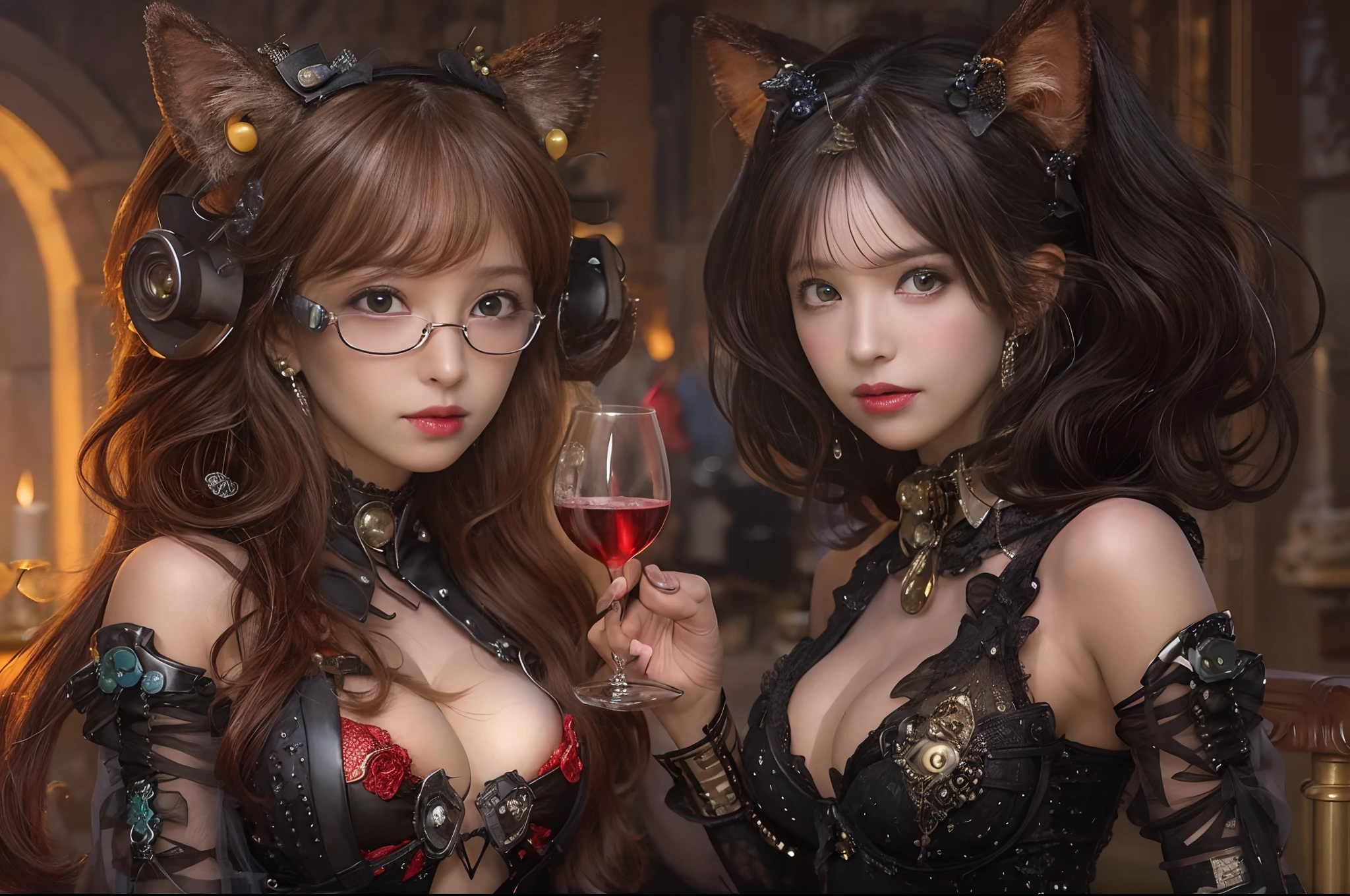 there are 2 girls in a cat suit holding a glas of red wine, steampunk catgirl, candle light, steampunk beautiful anime woman, smal breasts, Art Deco, wlop and sakimichan, ruan jia and artgerm, range murata and artgerm, artwork in the style of guweiz, masayoshi suto and artgerm, like lady mechanika