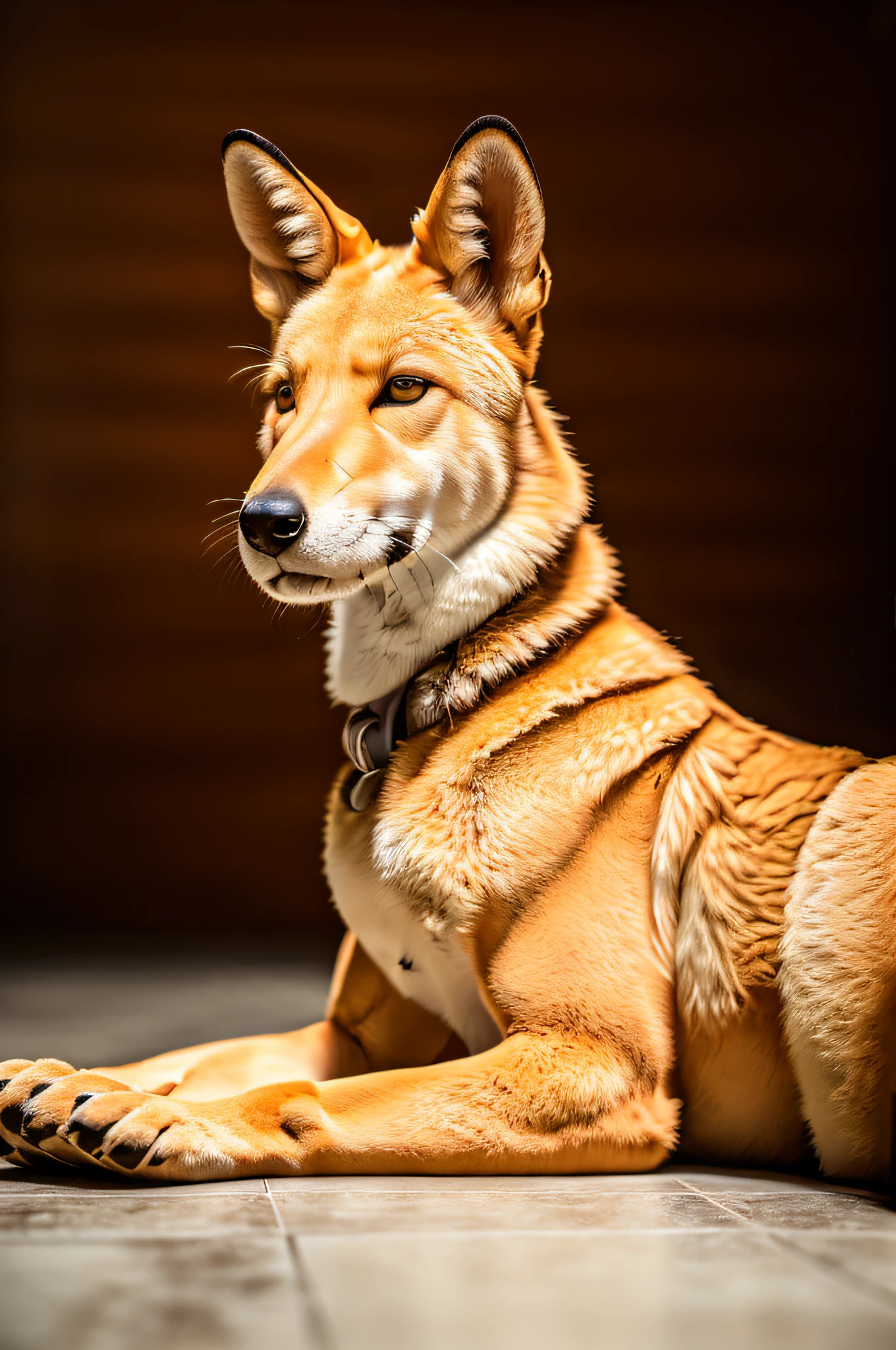 there is one young beige dingo  that is laying down on the tiledfloor in a luxury penthouse, canine, profile shot, dingo,, amber, around 1 year old, closeup portrait shot, sfw, (((photo shows a large beige dingo mascot, 8k highest detail, front portrait)))