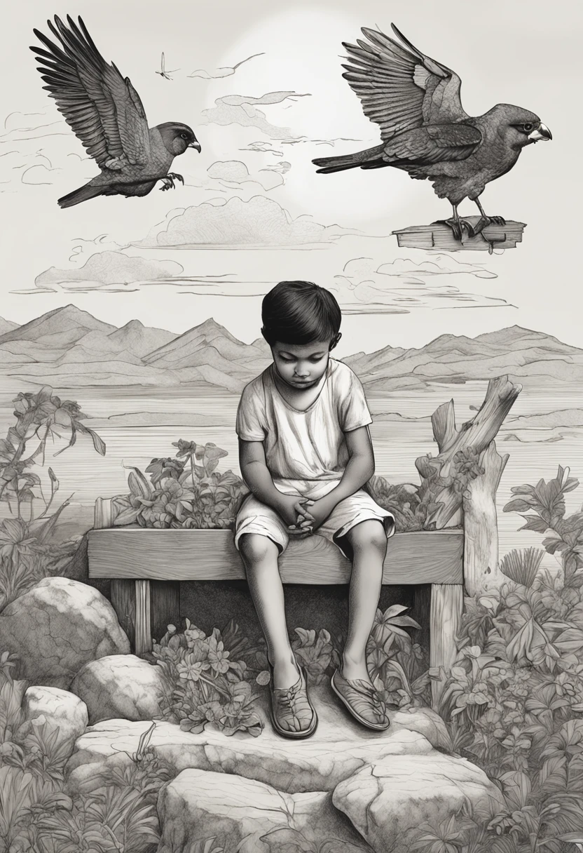 SeaArt Positive Prompt:
Embark on an emotional journey through intricate artistry: Skillfully compose a monochromatic masterpiece portraying a young black boy seated on a wooden crate amidst a serene expanse. This tender depiction captures the boy's innocence and resilience, his presence echoing a sense of quiet strength. Native Brazilian birds, including swallows, parrots, and a variety of avian natives, grace the sky above in a graceful ballet of flight. Their intricate movements symbolize the interconnectedness of nature and life.
One compassionate bird envelops the boy's face with its wings, its feathers serving as a gentle caress, imparting a profound sense of solace and connection. The boy's attire, though simple, exudes a quiet dignity, a reflection of his character. His arms rest gently by his side, and his gaze is fixed ahead, offering a glimpse into his contemplative thoughts. The surroundings are a testament to nature's harmonious beauty, as the birds gracefully weave their dance in the sky. This artwork encapsulates a moment of poignant reflection and youthful wonder, resonating with themes of resilience, unity with the natural world, and the intrinsic beauty of life's interconnectedness.
SeaArt Negative Prompt:
Capture the essence of solitude with intricate detail: Immerse yourself in the creation of a grayscale tableau, an emotionally evocative scene featuring a young black boy seated on a wooden crate against a backdrop of solitude. The careful rendering of his figure captures the boy's vulnerability and introspection, his posture embodying the weight of his solitude. Native Brazilian birds, swallows, parrots, and avian natives, form a stark yet poignant contrast against the empty backdrop, their presence a bittersweet reminder of life's complexities.
One bird, with a touch of melancholy, delicately conceals the boy's face with its wings, an embodiment of his emotional isolation. The boy's attire, modest yet symbolic of his dignity, adds depth to