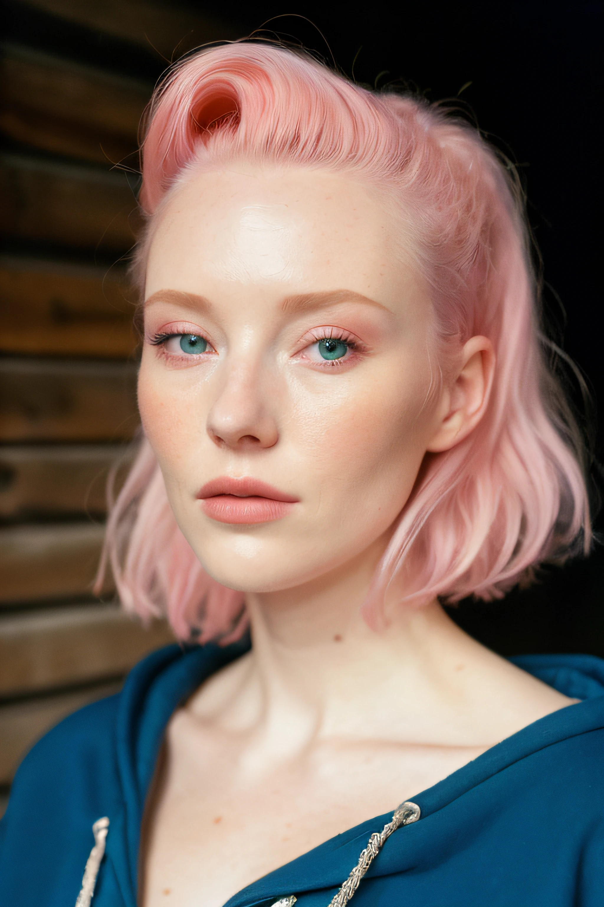 (close-up editorial photo of 20 yo woman, wearing hoodie, looking at viewer, pink hair, solo, tattoo on face, upper body, detailed background, town, alley) (standing:1.2) (dim lit room:1.4)  POV, by lee jeffries, nikon d850, film stock photograph ,4 kodak portra 400 ,camera f1.6 lens ,rich colors ,hyper realistic ,lifelike texture, dramatic lighting , cinestill 800,