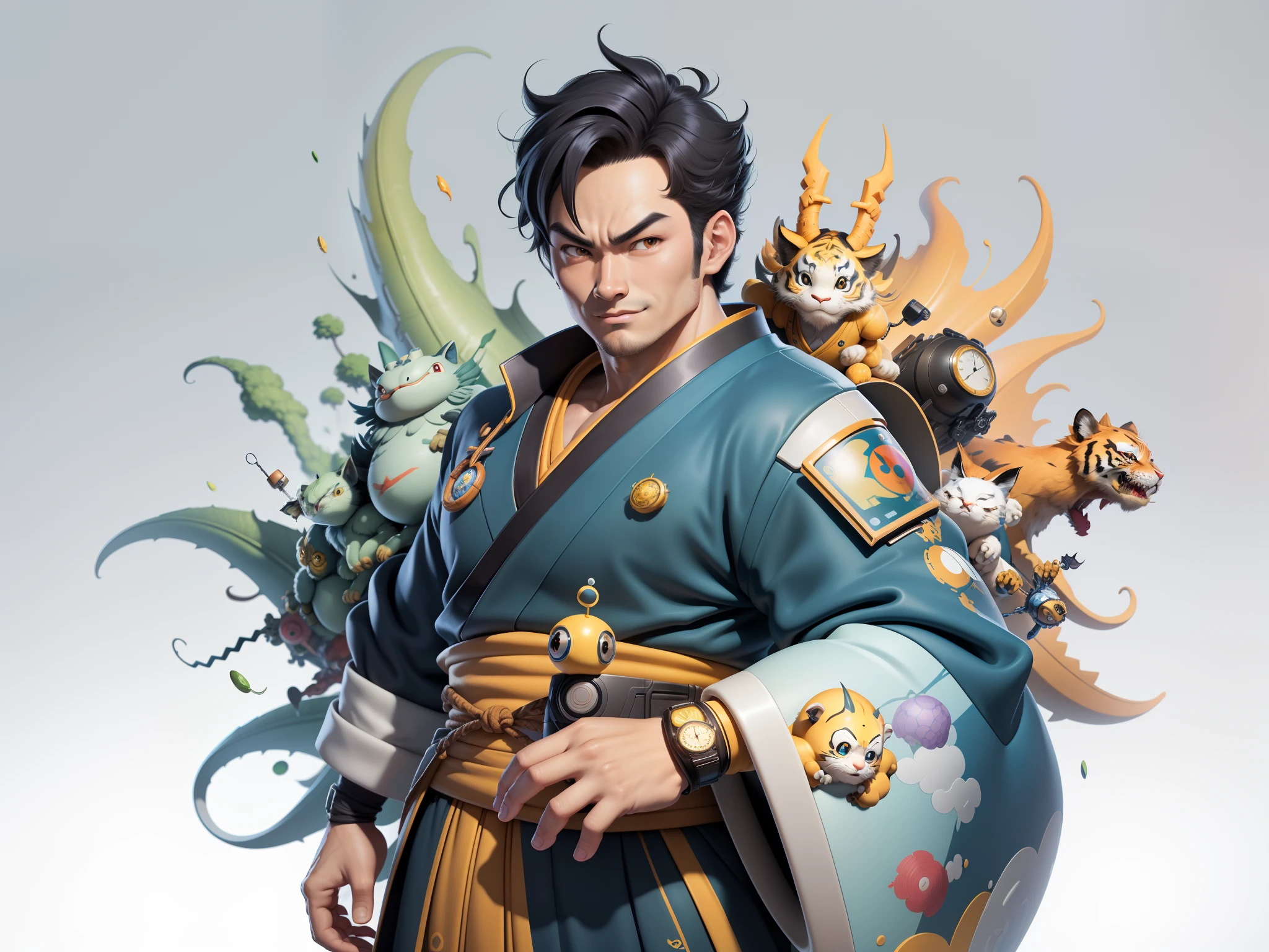 (Masterpiece), (Excellent), (Super Meticulous), (Full Body: 1.2), Super Young Man, Oriental Face, Japanese Kimono, Japanese Wind Thunder God, Dragon, Tiger, TV Anchor, Bust Portrait Illustration, Alone, Black Suit, Blue Tie, Slightly Chubby Face, Very Clean Face, No Beard, Black Super Short Hair, Black Eyes, Confident Smile, 3c Computer Sub-Products, iPad, iPhone, Digital Painting, 3D Character Design by Akira Toriyama and Mark Claireden and Pixar and Hayao Miyazaki, The illustration is a high-definition illustration in 4K resolution with very detailed facial features and cartoon-style visuals.