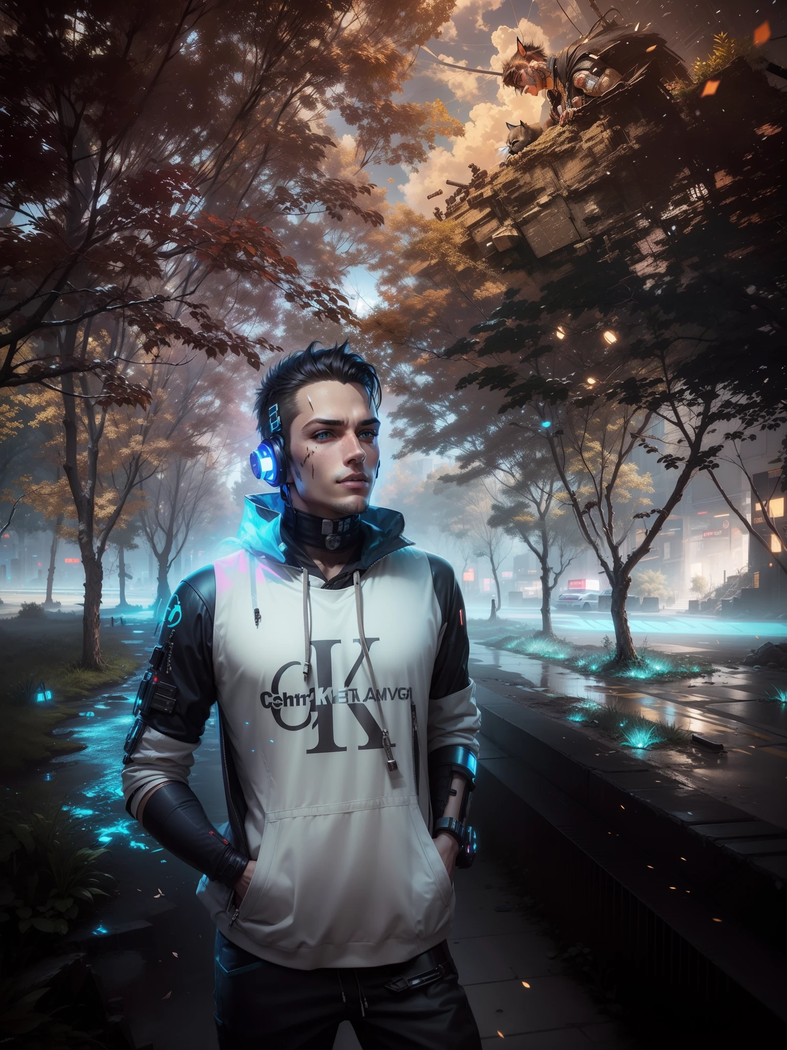 Change cyberpunk handsome boy ultra realistic with cat