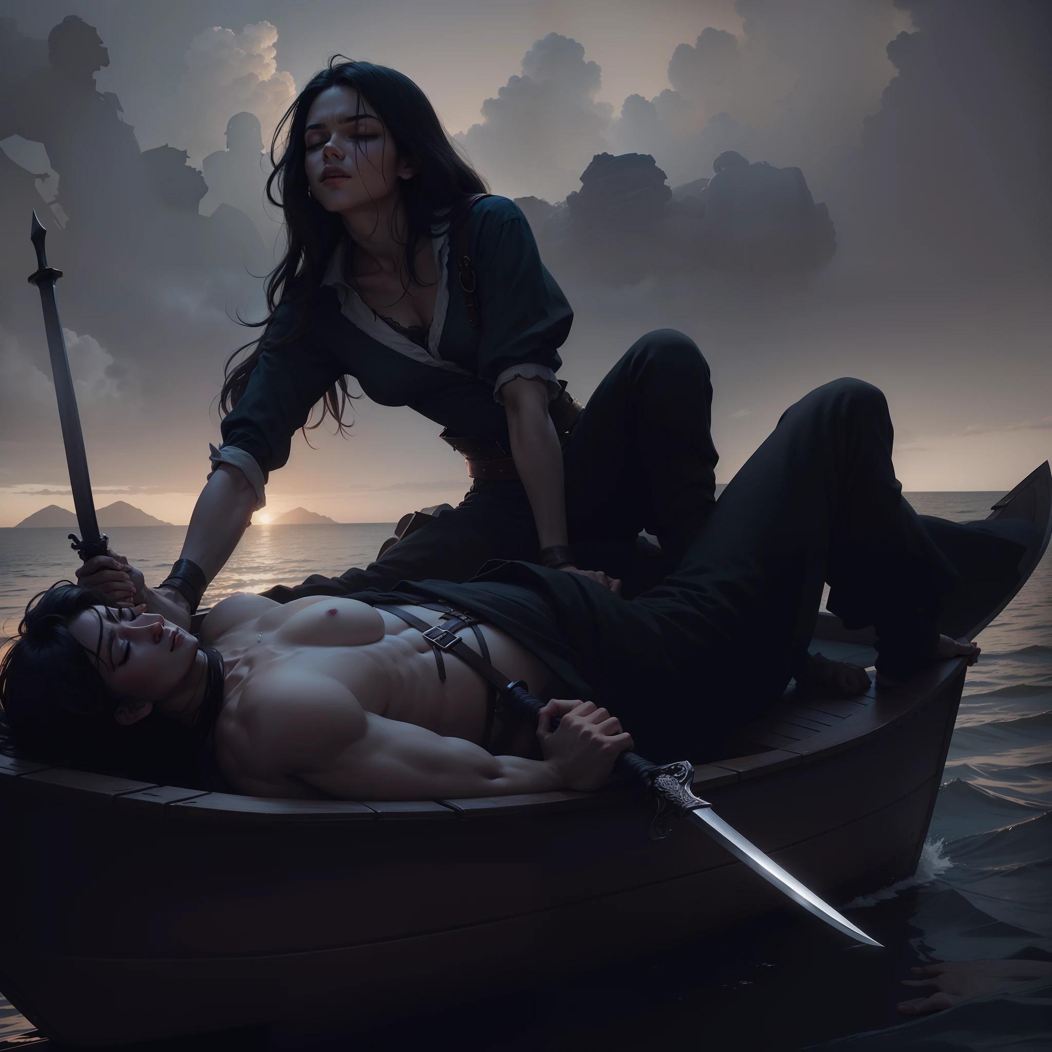 A man is sleeping on his boat, in his right hand is his back. A woman is sitting on top of him, holding a sword in her two hands, which she is thrusting into his chest.