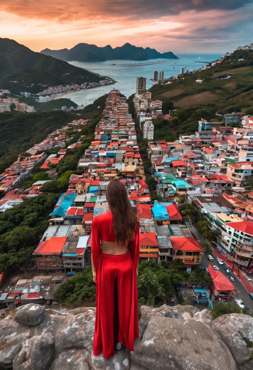 (best quality, 8k, master part :1.2), hyper realistic, cidade do Rio de Janeiro, Brasil, em uma montanha, uma Ferrari 488 vermelha detalhada, Cristo Redentor ao fundo, uma menina de cabelo castanho bonita em roupas de esporte olhando para a paisagem
