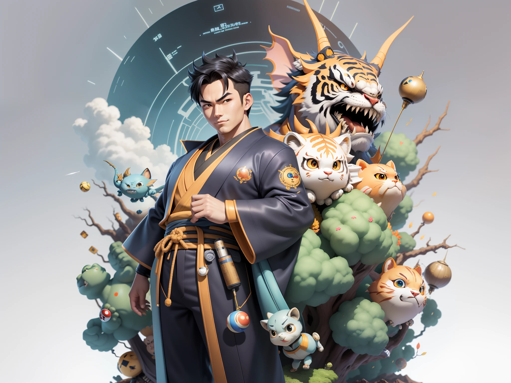 (Masterpiece), (Excellent), (Super Meticulous), (Full Body: 1.2), Super Young Man, Oriental Face, Japanese Kimono, Japanese Wind Thunder God, Dragon, Tiger, TV Anchor, Bust Portrait Illustration, Alone, Black Suit, Blue Tie, Slightly Chubby Face, Very Clean Face, No Beard, Black Super Short Hair, Black Eyes, Confident Smile, 3c Computer Sub-Products, iPad, iPhone, Digital Painting, 3D Character Design by Akira Toriyama and Mark Claireden and Pixar and Hayao Miyazaki, The illustration is a high-definition illustration in 4K resolution with very detailed facial features and cartoon-style visuals.