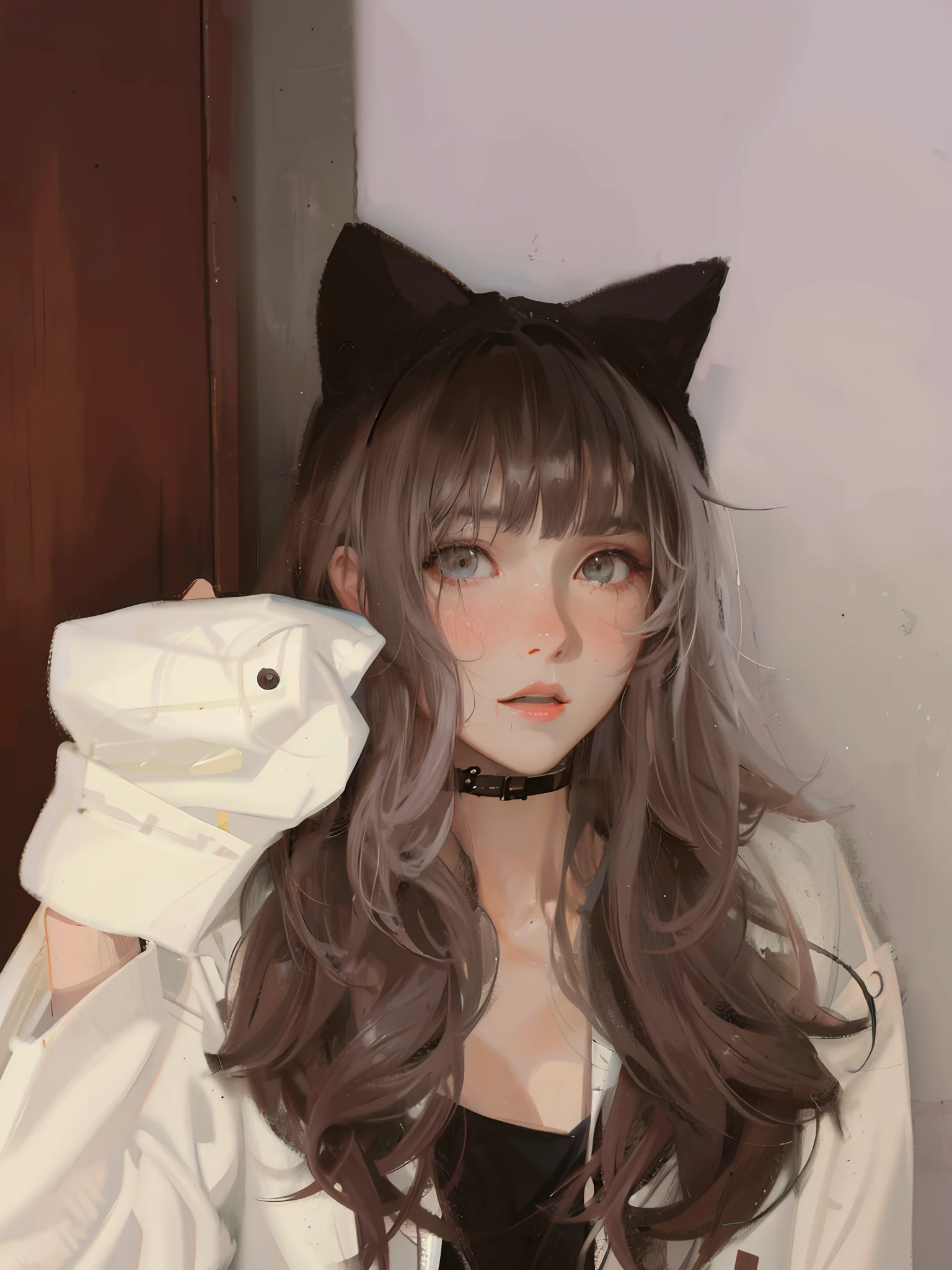 1girl, jacket, rain, outdoor, hoodie, open jacket, chain, backpack, looking at another, messy hair, trending on artstation, 8k resolution, highly detailed, anatomically correct, sharp image, digital painting, concept art, trending on pixiv, style of makoto shinkai,