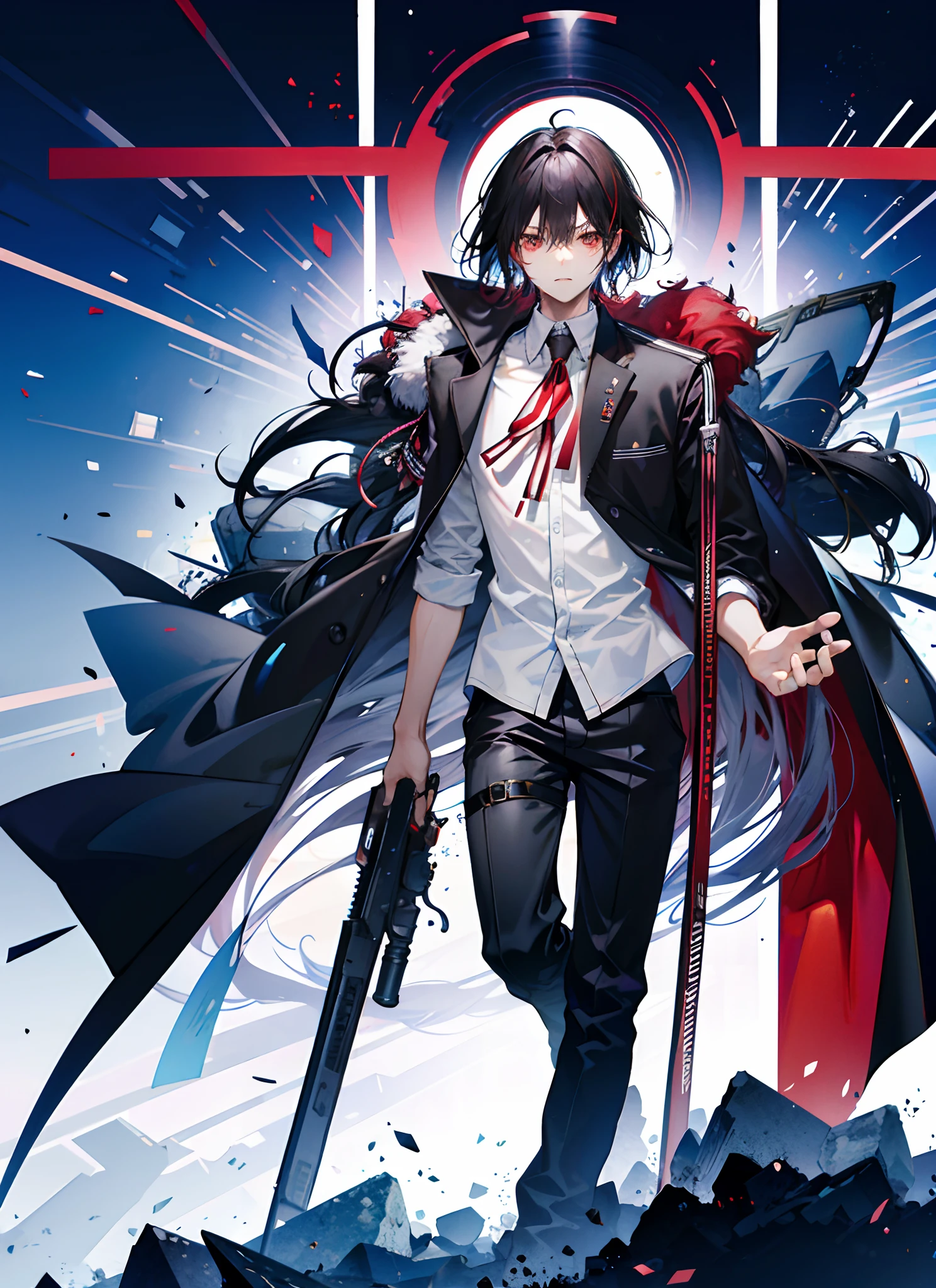 Male, men, black hair, black cloth, red eyes, high resolution, holding gun, cry, dark skin, short wavy hair, standing, look front, tear, zoom to face,