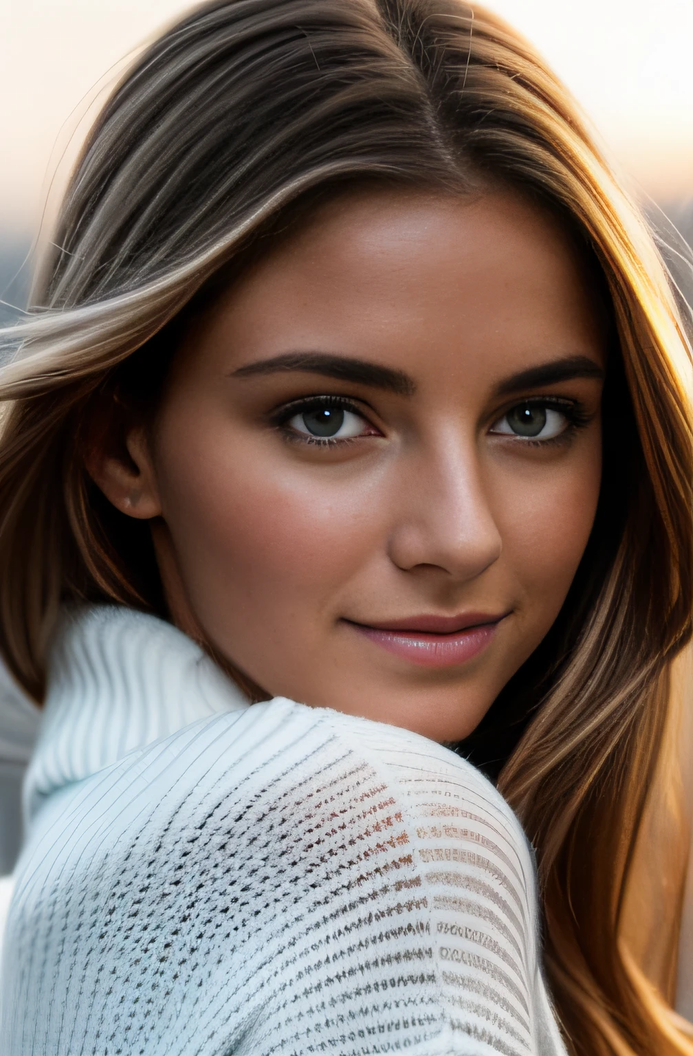 Photography of a stunning girl, Wear a white autumn sweater, langes braunes Haar auf einer Seite, mittlere Oberweite, schaut in die Kamera, Symmetrische Augen, symmetrisches Gesicht, fotorealistisch, Fotografie, Pfadverfolgung, Spiegelnde Beleuchtung, Volumetrisches Gesichtslicht, Pfad nachgezeichnetes Haar, Sichtbare Schatten, kompliziert, Aufwendig