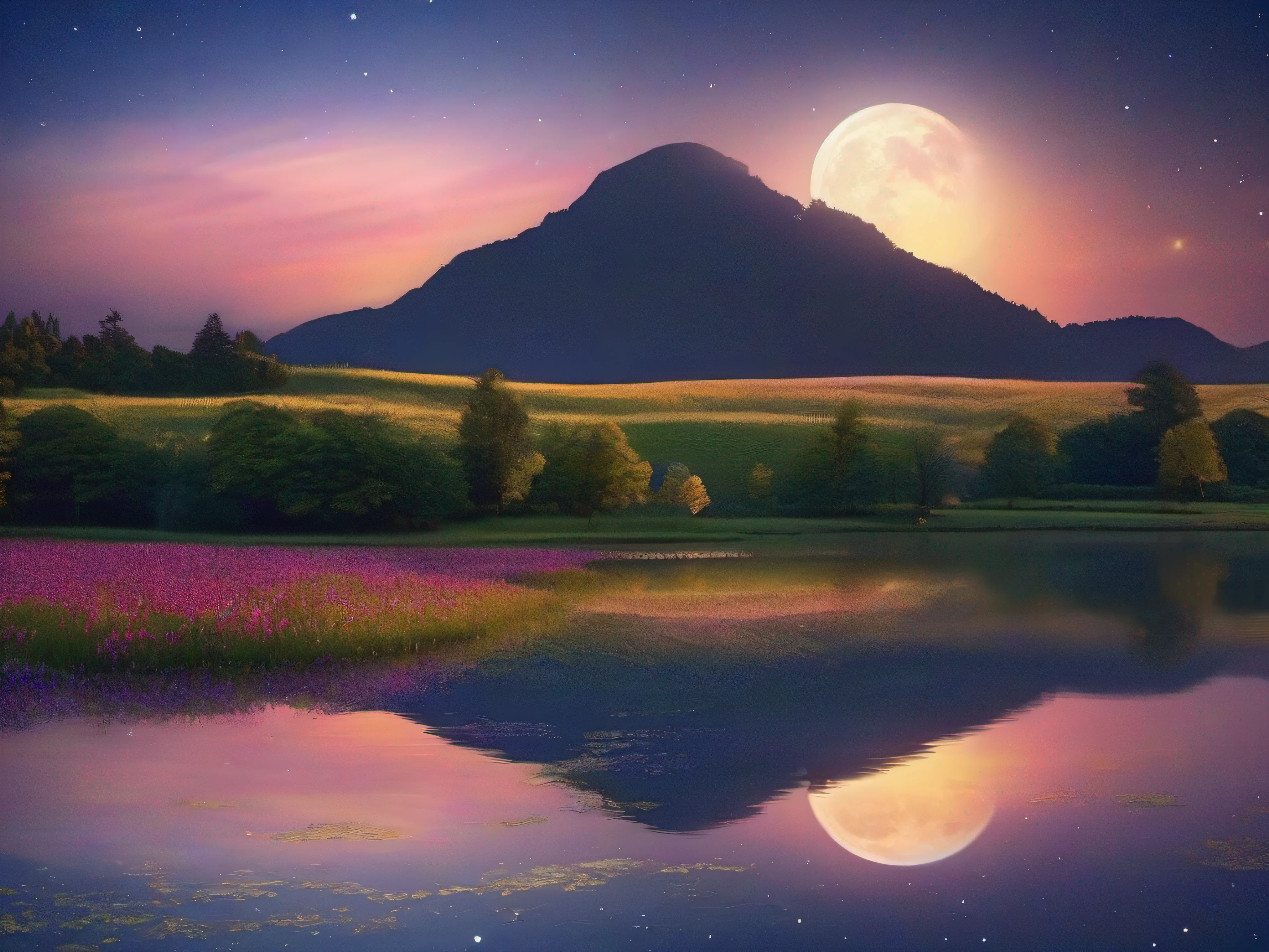 "Serene evening scene with gentle moonlight."