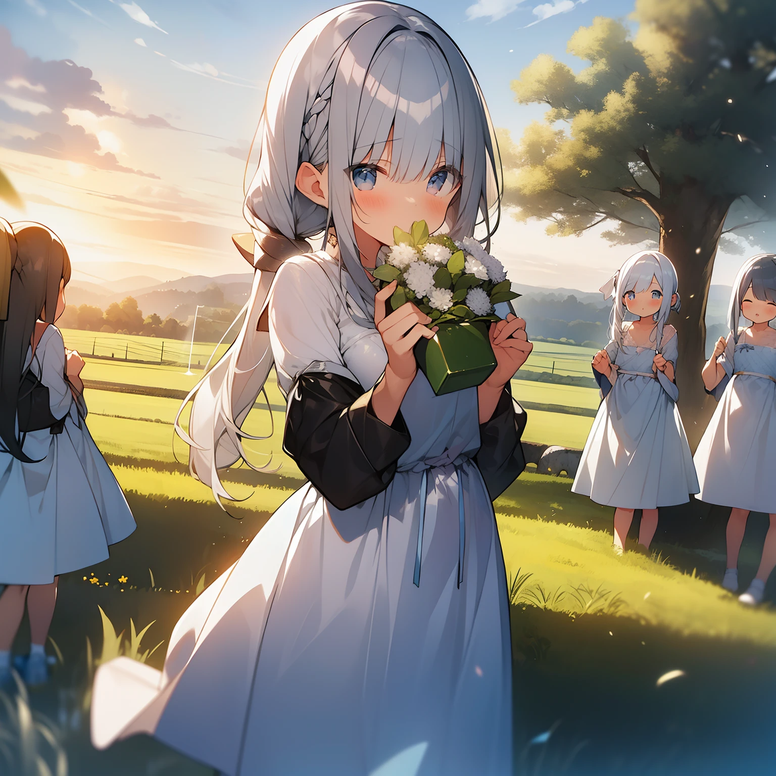 masterpiece、an oil painting、high-level image quality、silver hair girl、Clean hair with short pigtails、Dresses fluttering in the wind、Mature look、Cute big chicks、Cute Big White Snake、Frolic in the field at sunset、
