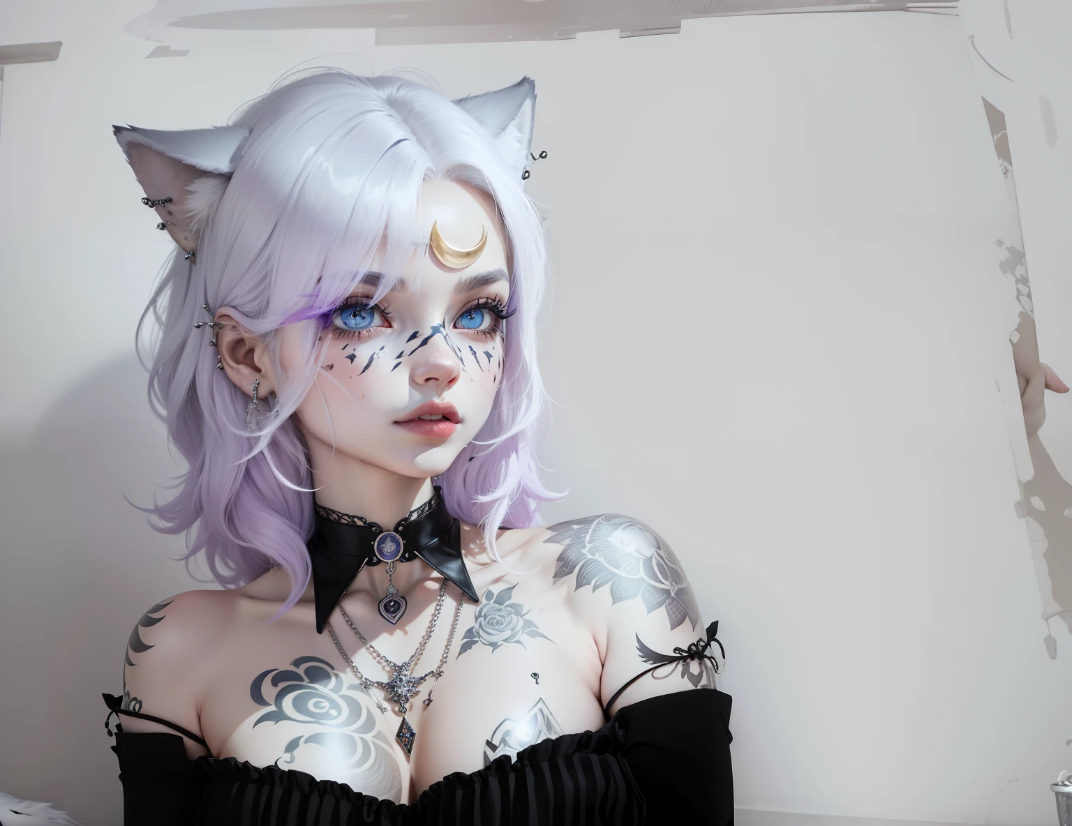 (Anthropomorphic wolf cute cub) orelhas de lobo,com um corce preta, um olho azul e outro branco , heterocromia nos olhos ,cabelo platinado  curto cacheados com pontas roxas,bad girl, Moon birthmark on forehead 🌕🌙, Hibrido,jovem, retrato, busto, postura de frente para a camera, Cartoon, vestido como  uma vesater roqueira metaleira dos anos 80 obra prima, postura de confiante, youtuber, fleshy lips , piercings no nariz e nas orelhas de lobo, tatuagens pelo corpo, tattoo de lua 🌙 acima dos seios,asas de anjo negro nas costas, e coleira , dark purple choker on neck, Hand with dragging gloves, colares , piercings , wolf fangs we lips